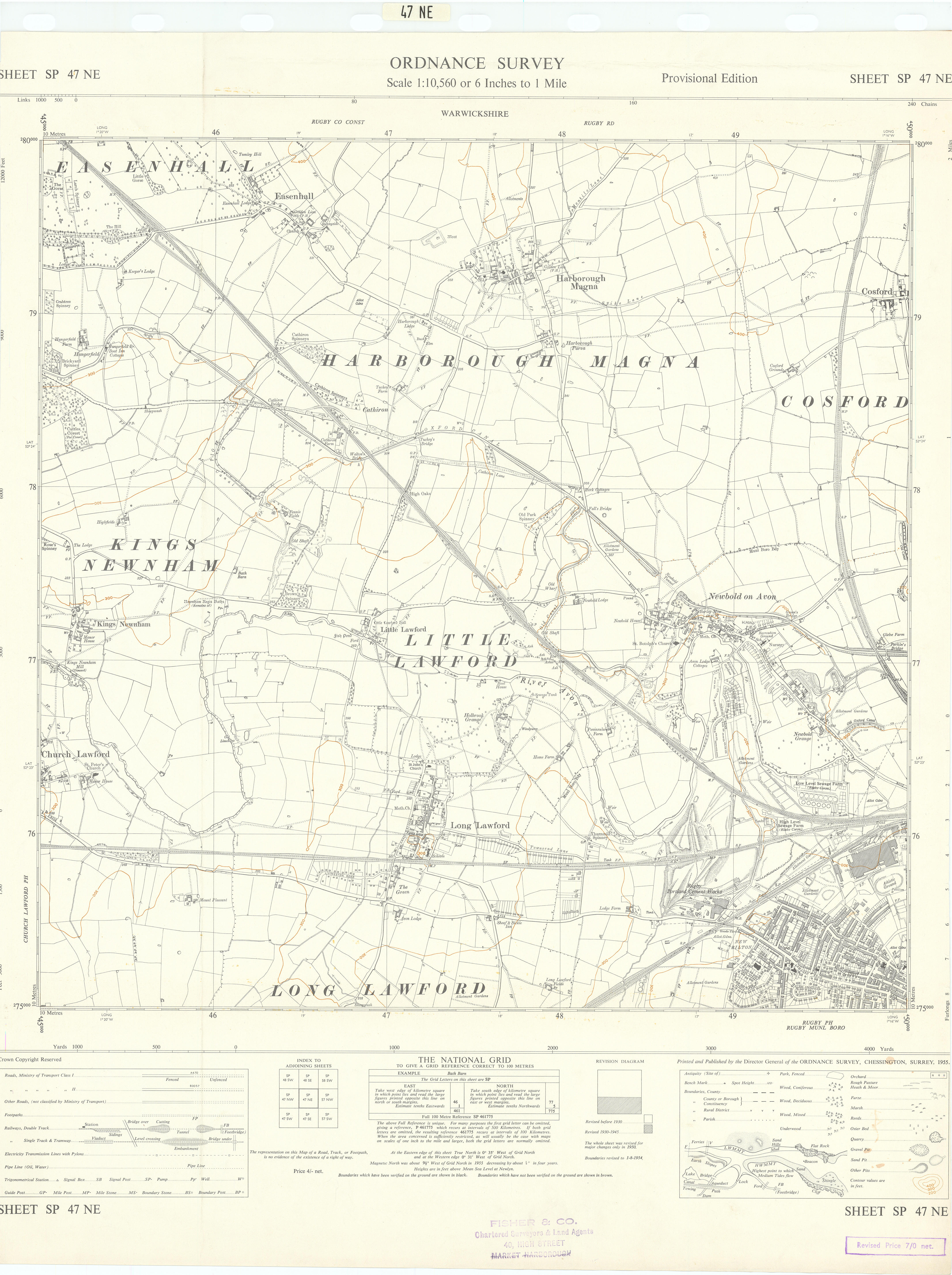 Ordnance Survey SP47NE Warks Rugby Newbold/Avon Long Lawford Harborough 1955 map
