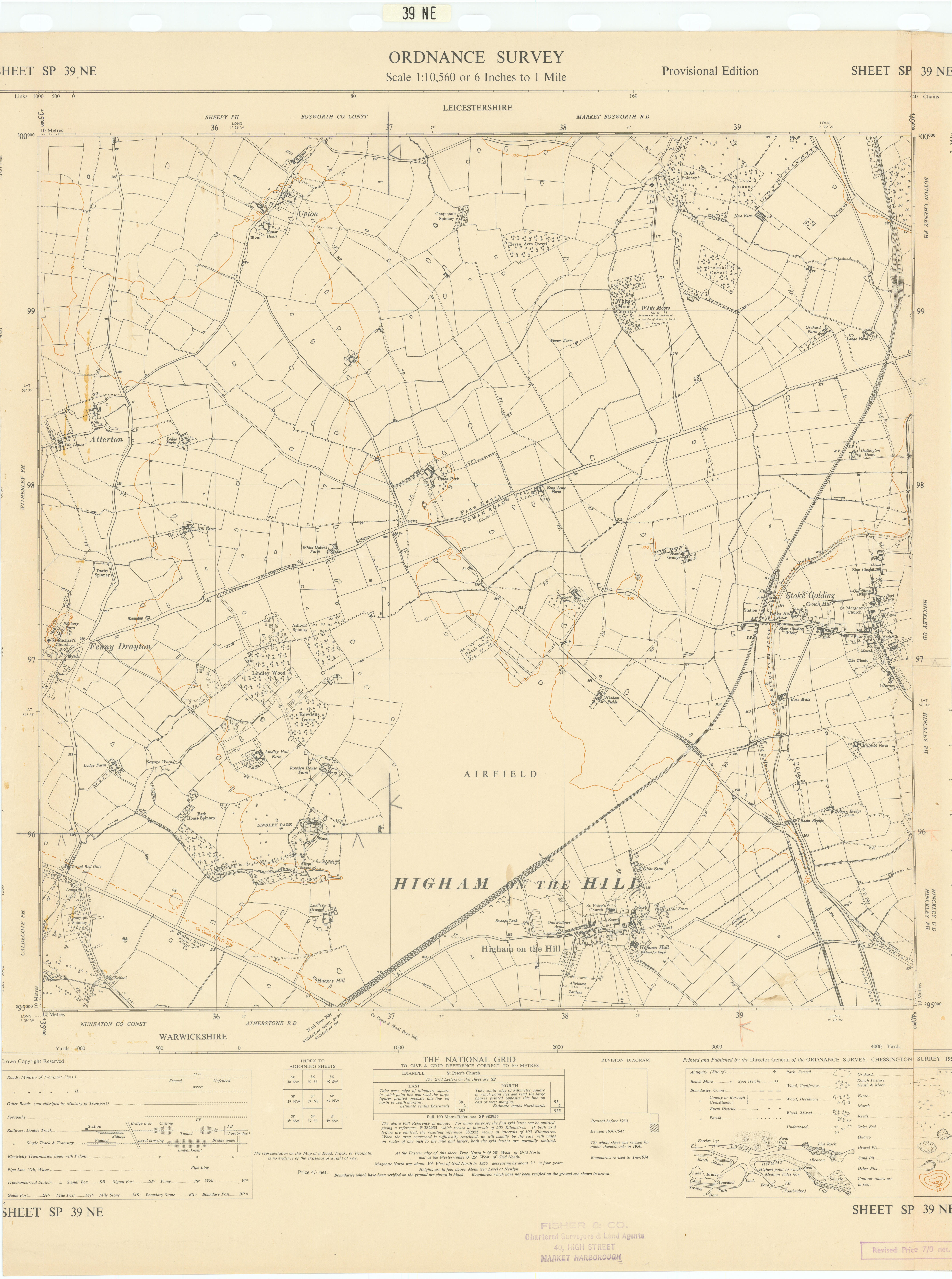 Ordnance Survey SP39NE Leics Higham/Hill Stoke Golding Fenny Drayton 1955 map