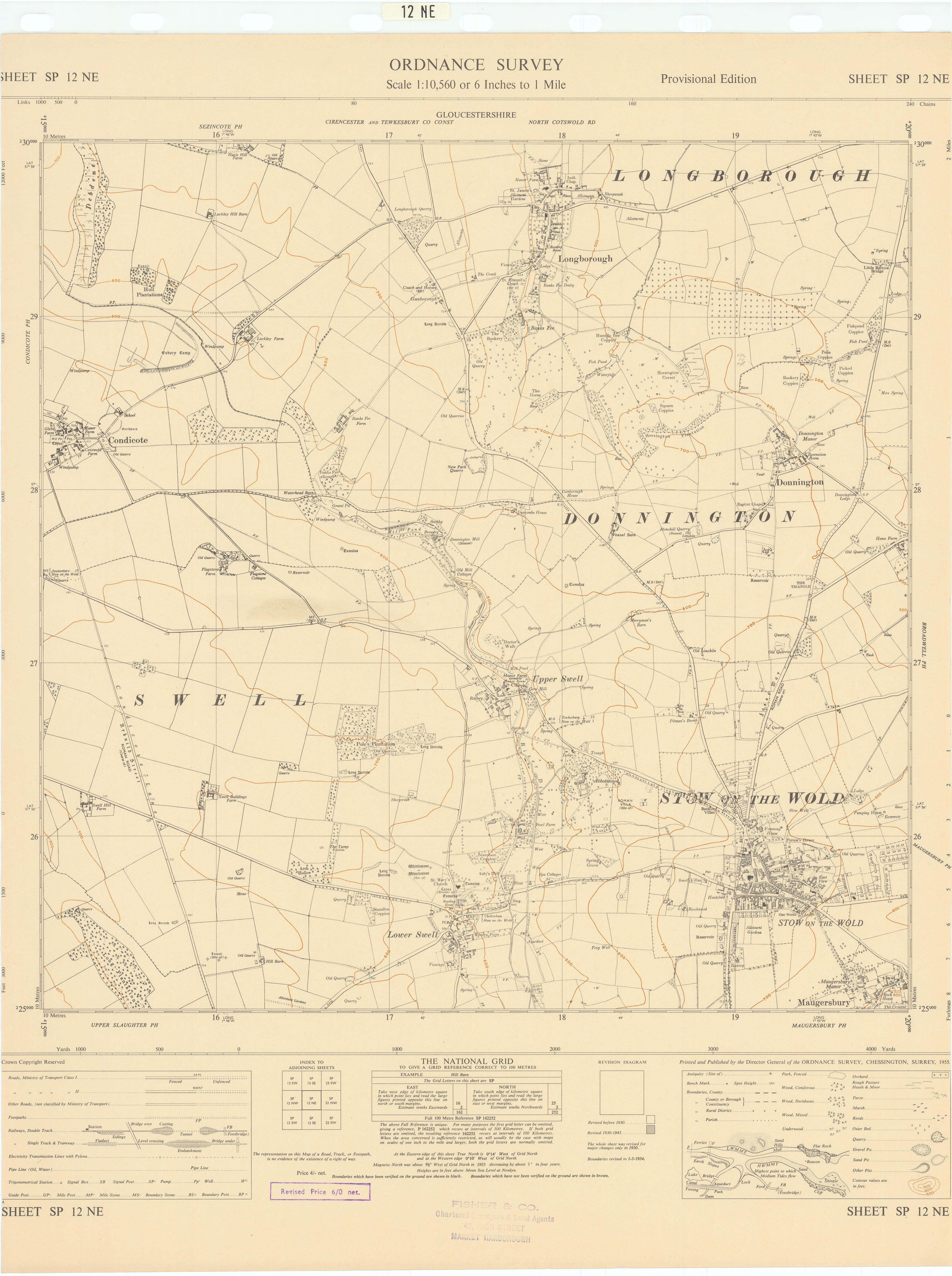 Ordnance Survey SP12NE Cotswolds Stow-on-the-Wold Longborough Swell 1955 map
