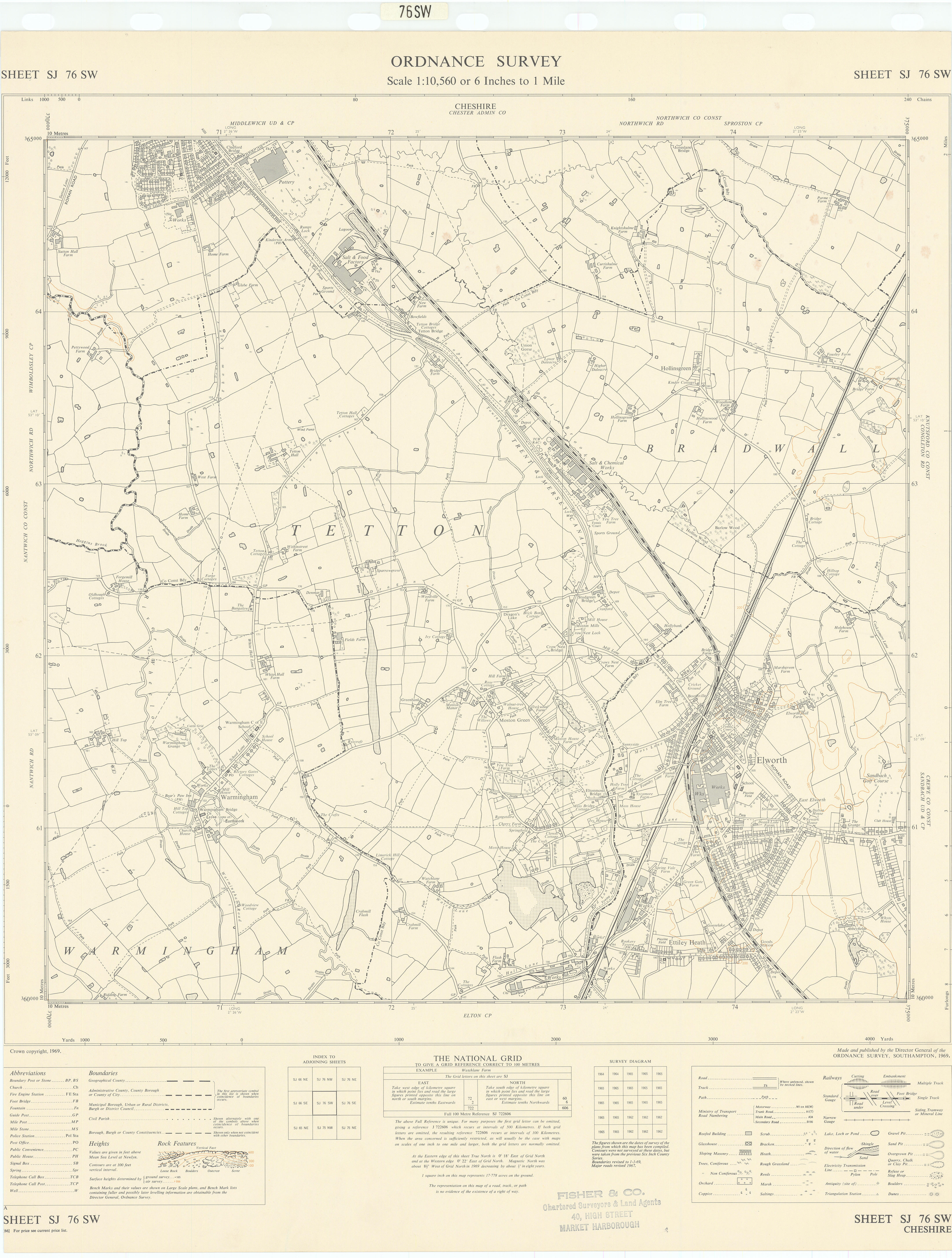 Ordnance Survey Sheet SJ76SW Cheshire Elworth Middlewich Warmingham 1969 map