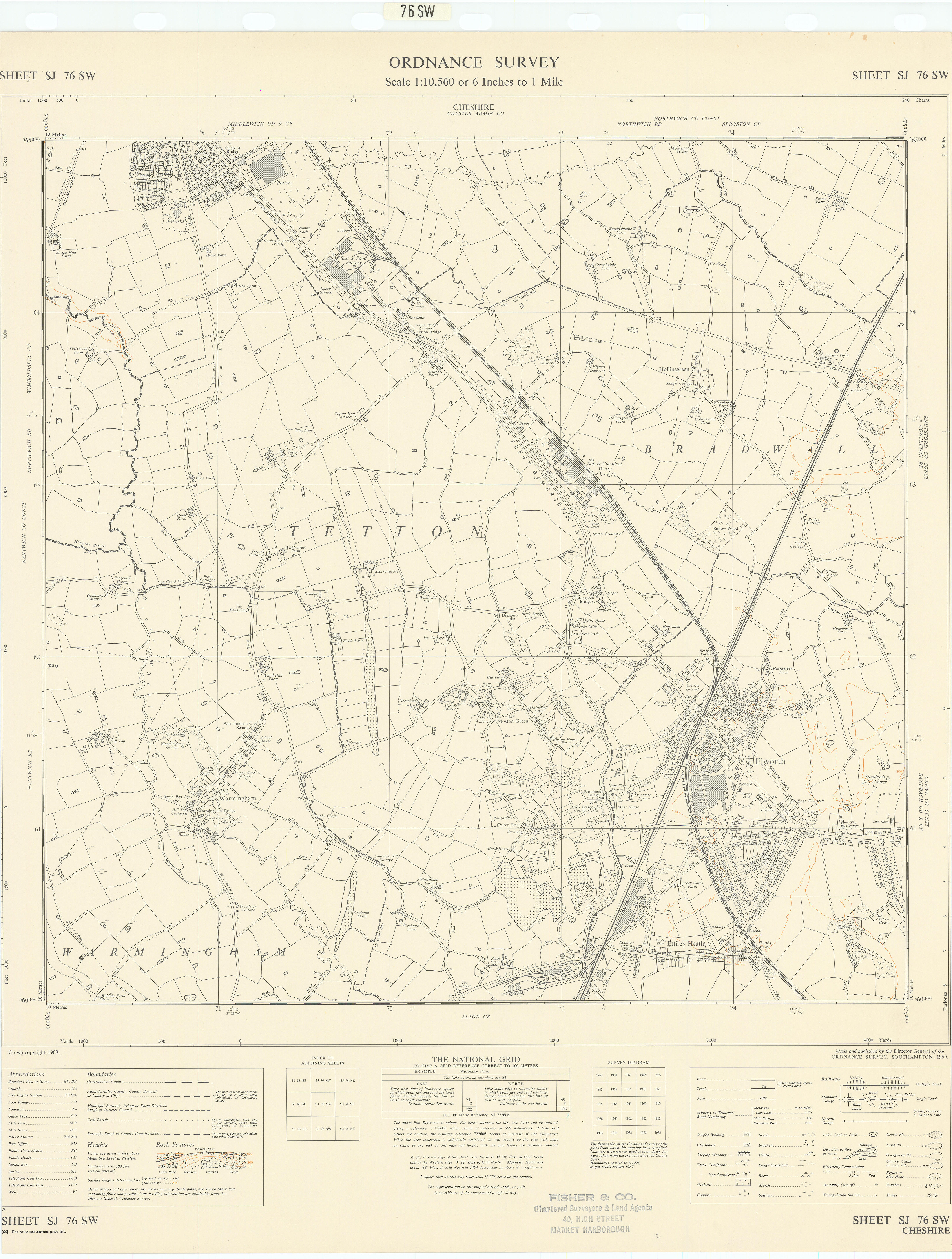 Ordnance Survey Sheet SJ76SW Cheshire Elworth Middlewich Warmingham 1969 map