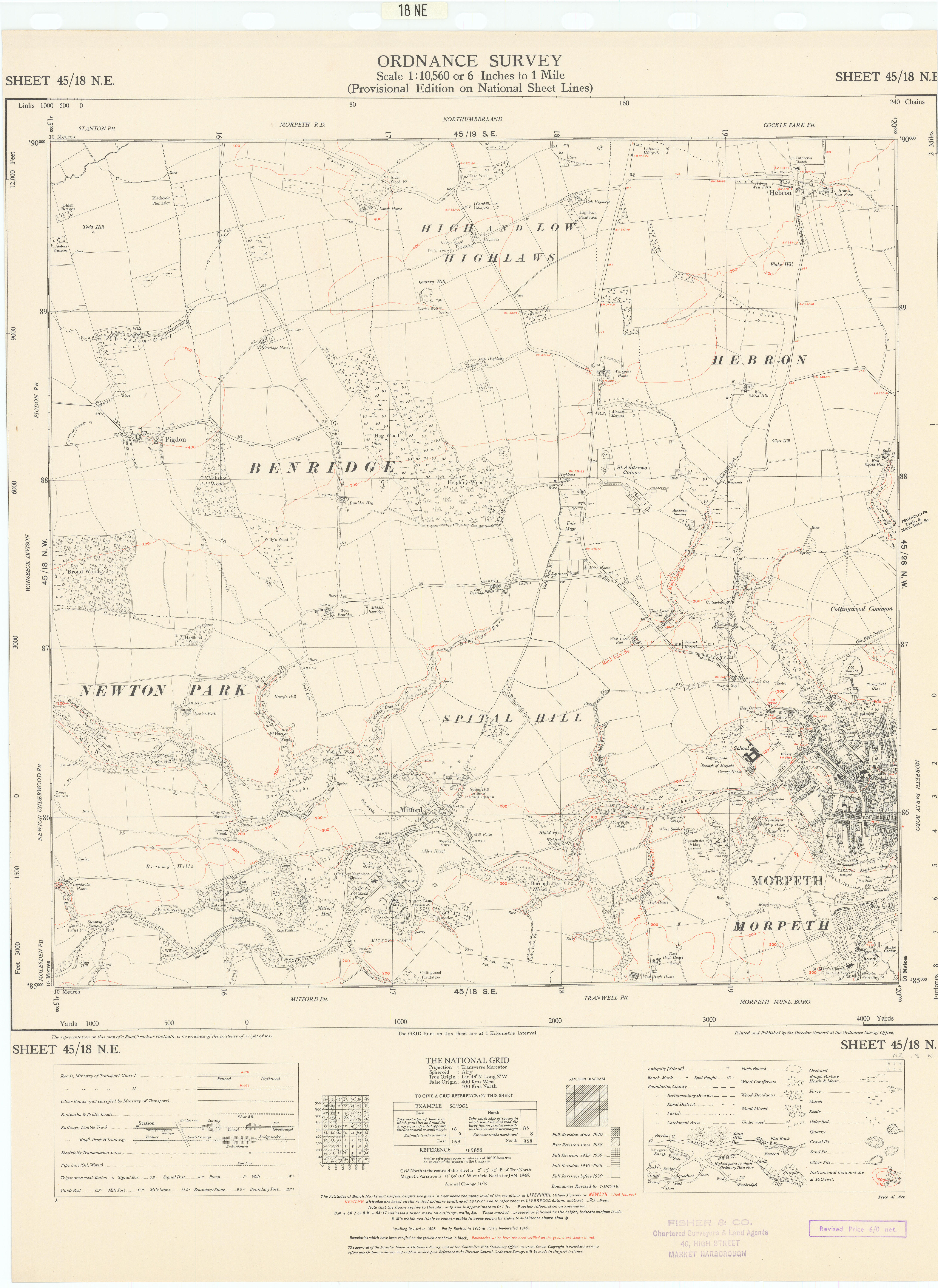 Associate Product Ordnance Survey Sheet 45/18 N.E. Northumberland Morphet Mitford Hebron 1948 map