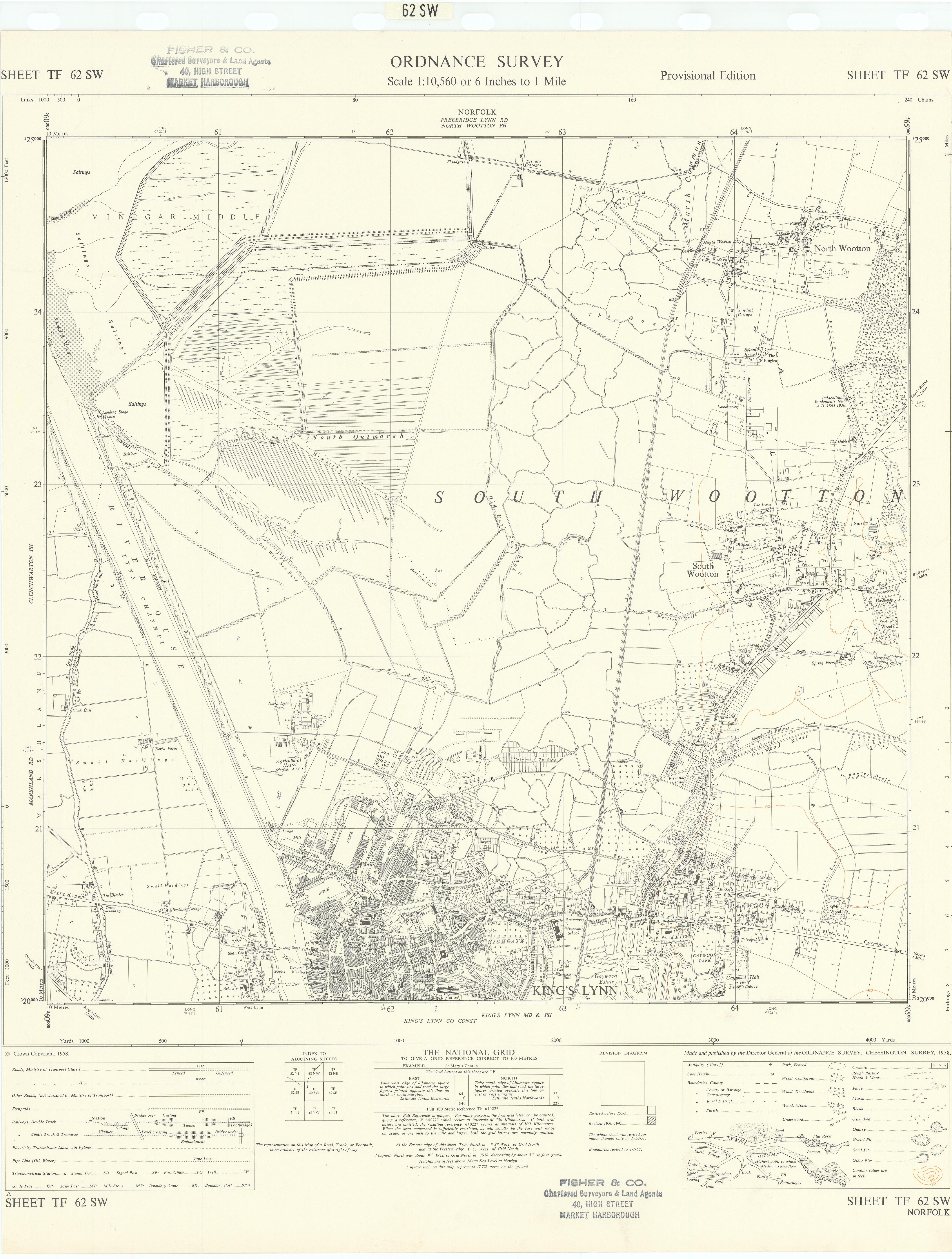 Associate Product Ordnance Survey TF62SW Norfolk King's Lynn South Woottyon North Wooton 1958 map