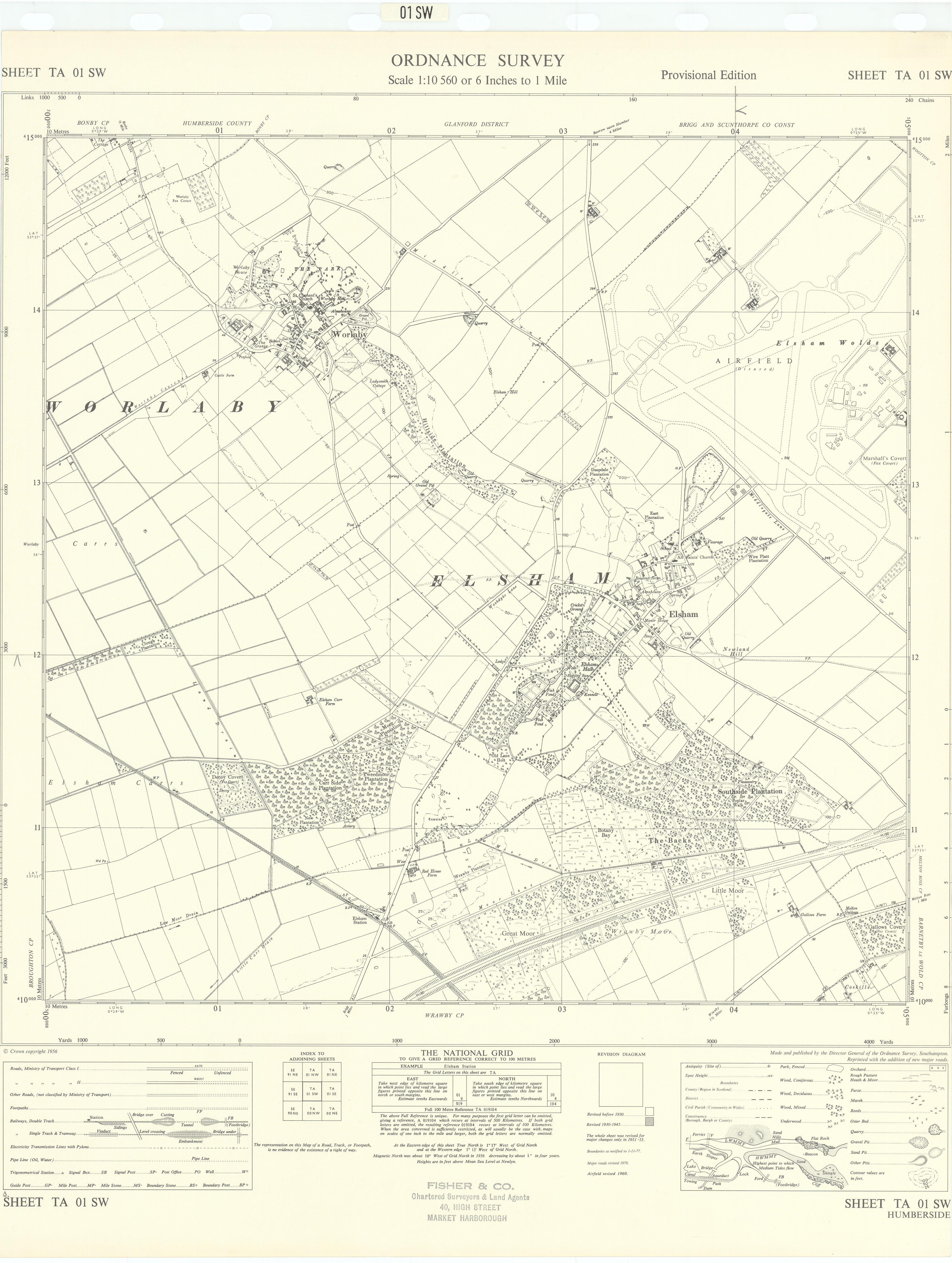 Associate Product Ordnance Survey Sheet TA01SW Lincolnshire Elsham Worlaby 1956 old vintage map