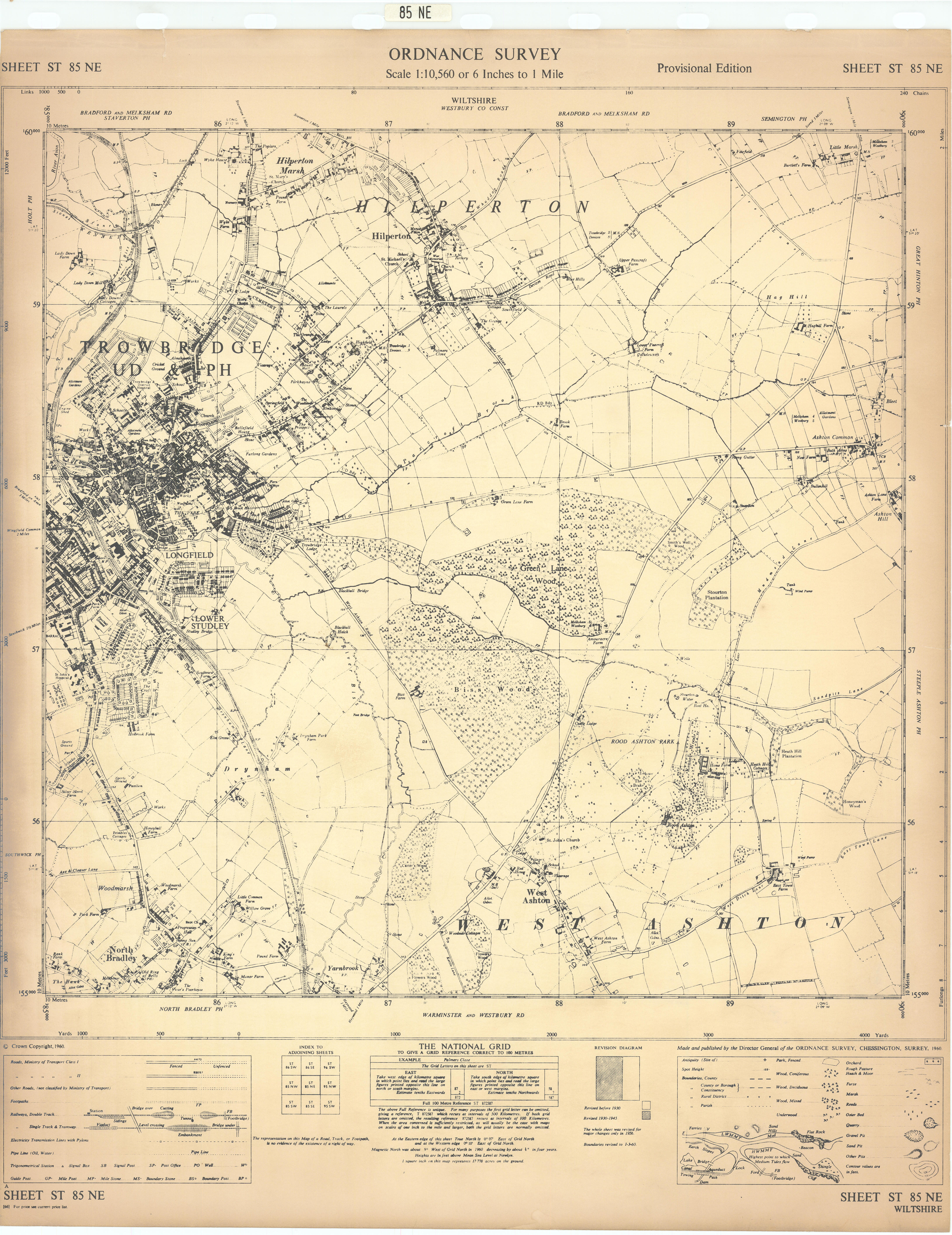 Associate Product Ordnance Survey ST85NE Wiltshire Trowbridge Hilperton North Bradley 1960 map
