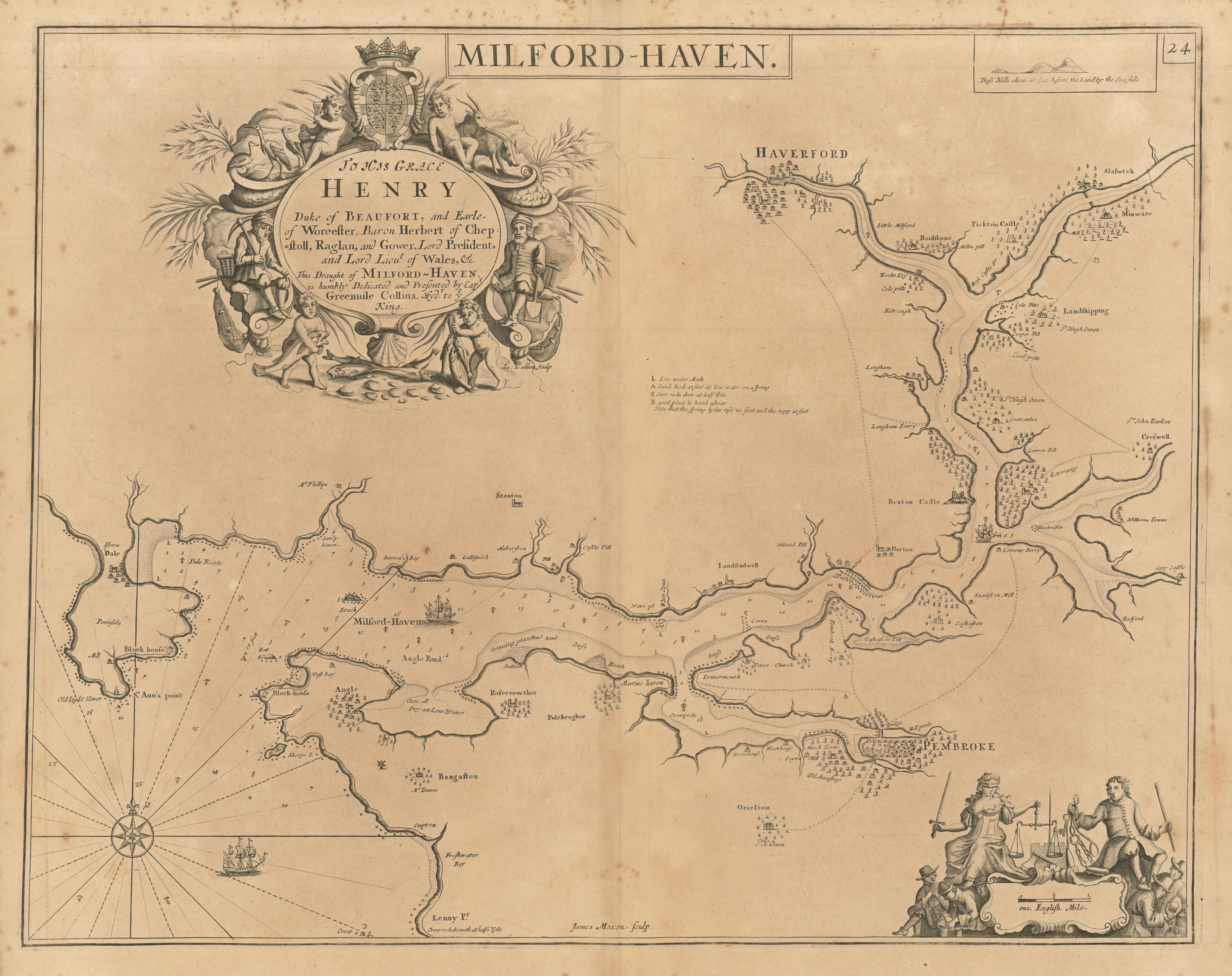 Milford Haven sea chart. Haverfordwest Pembrokeshire. COLLINS 1693 old map