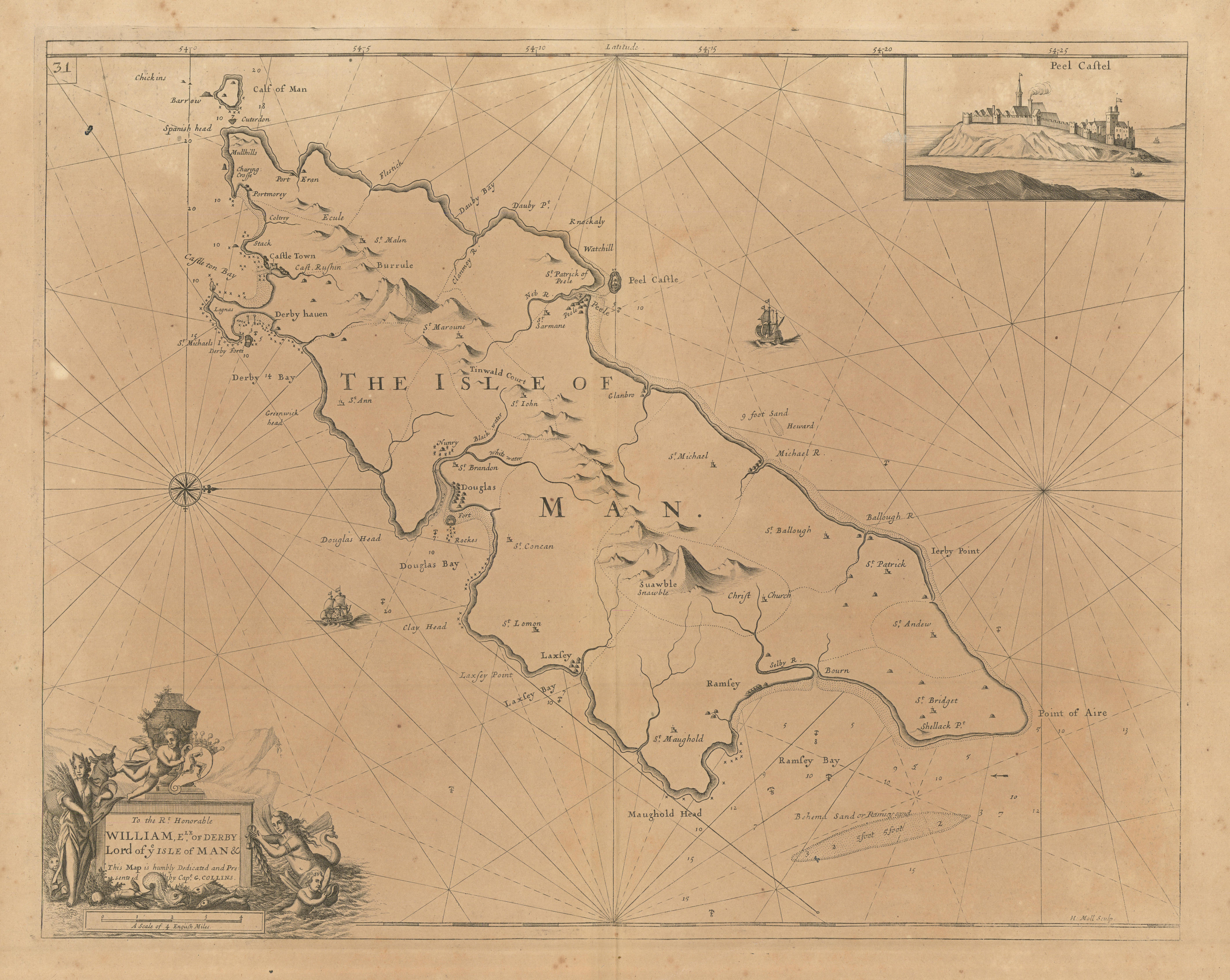Associate Product THE ISLE OF MAN sea coast chart. Douglas Ramsey Peel Castle. COLLINS 1693 map