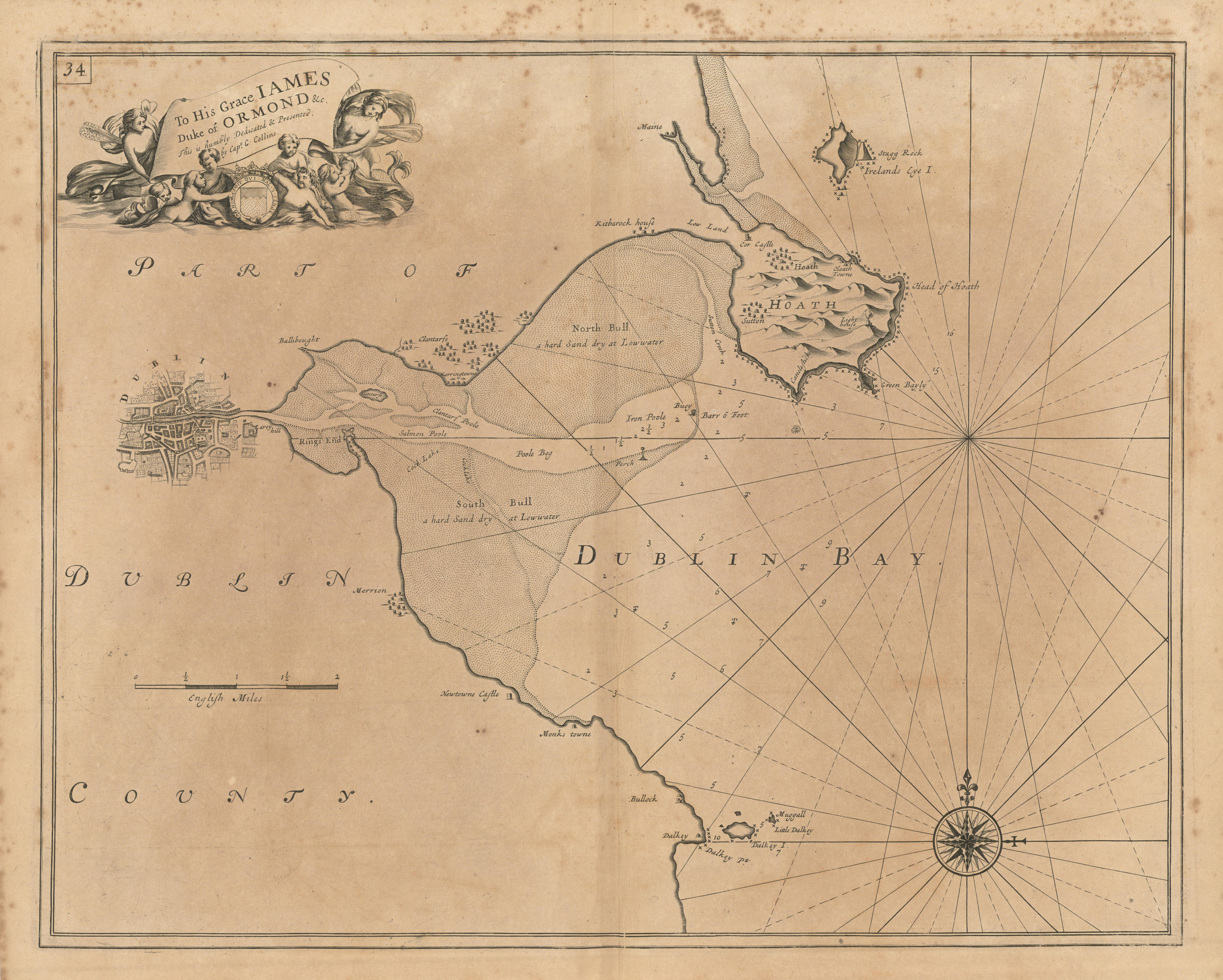 Associate Product DUBLIN BAY sea chart. Howth Head Dalkey Clontarf Merrion. COLLINS 1693 old map