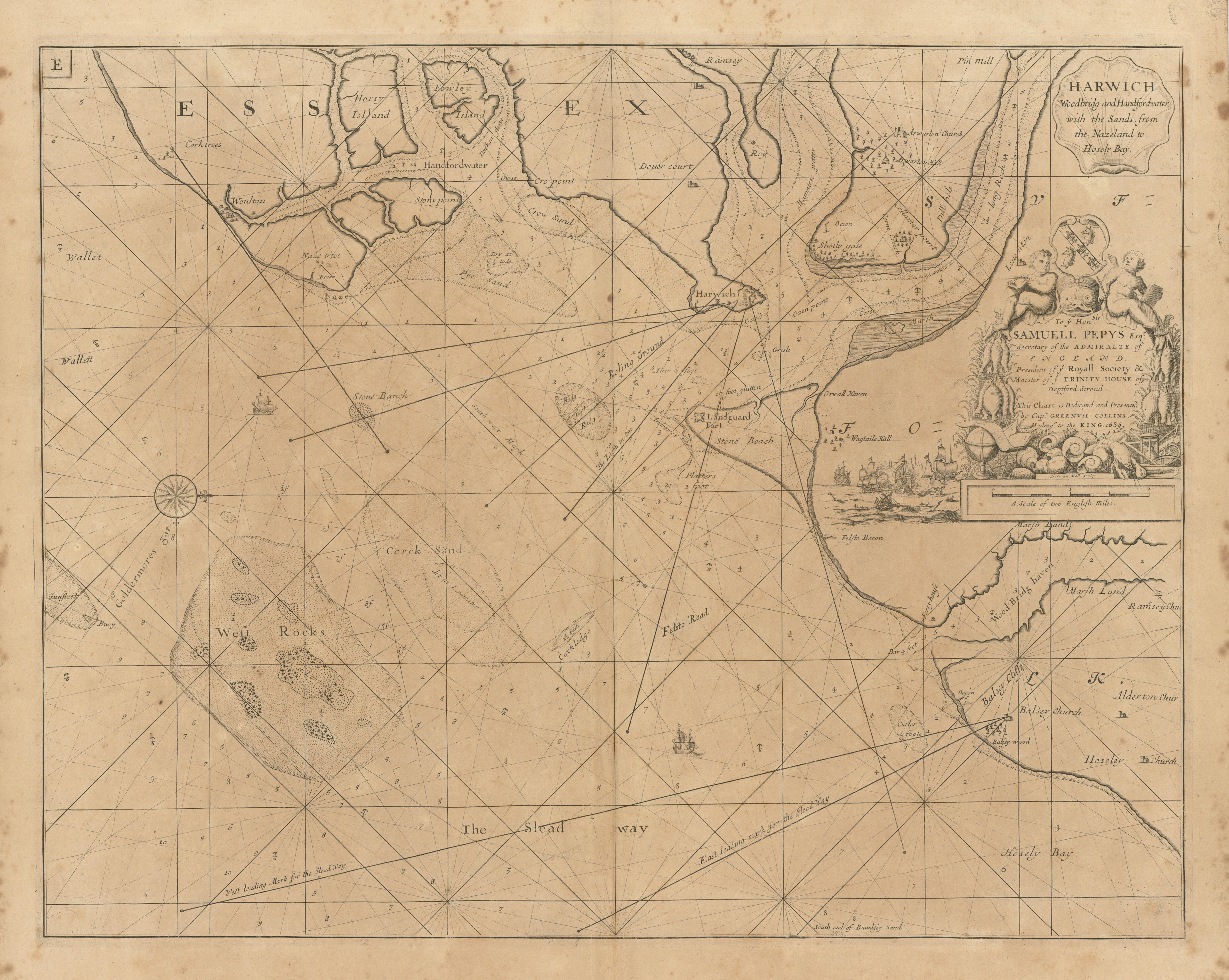 Associate Product HARWICH, Orwell, Stour, Deben & Hamford Water sea chart. COLLINS 1693 old map