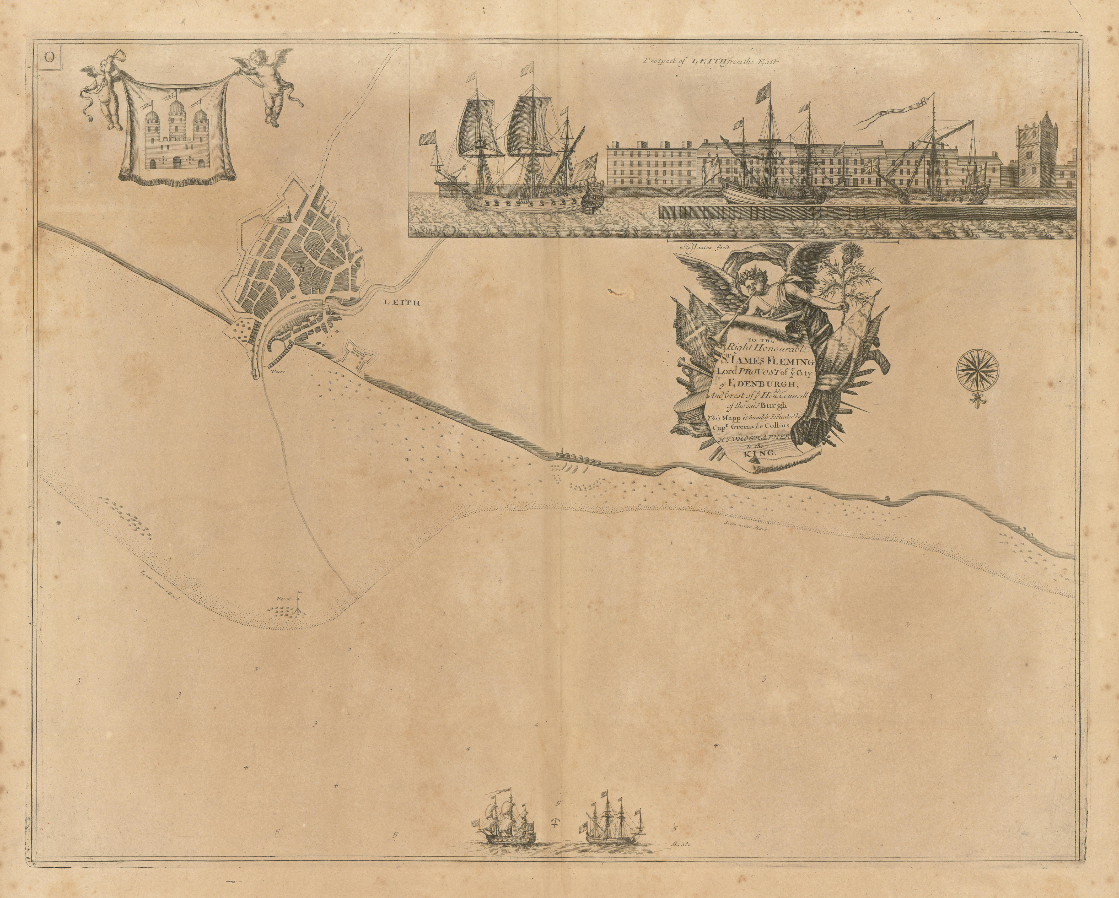 Associate Product Navigation chart & view of LEITH, by Capt Greenvile COLLINS. Edinburgh 1693 map