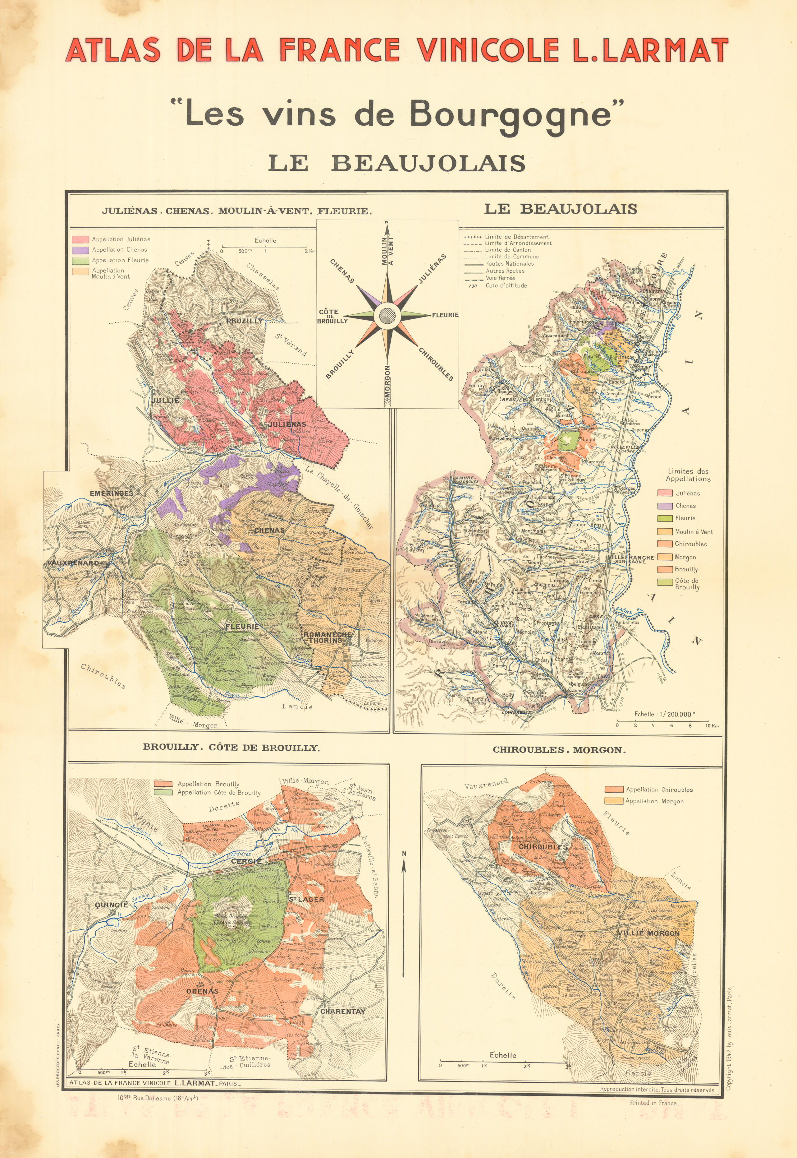Associate Product BURGUNDY BOURGOGNE WINE MAP Le Beaujolais. Appellations vineyards. LARMAT 1942
