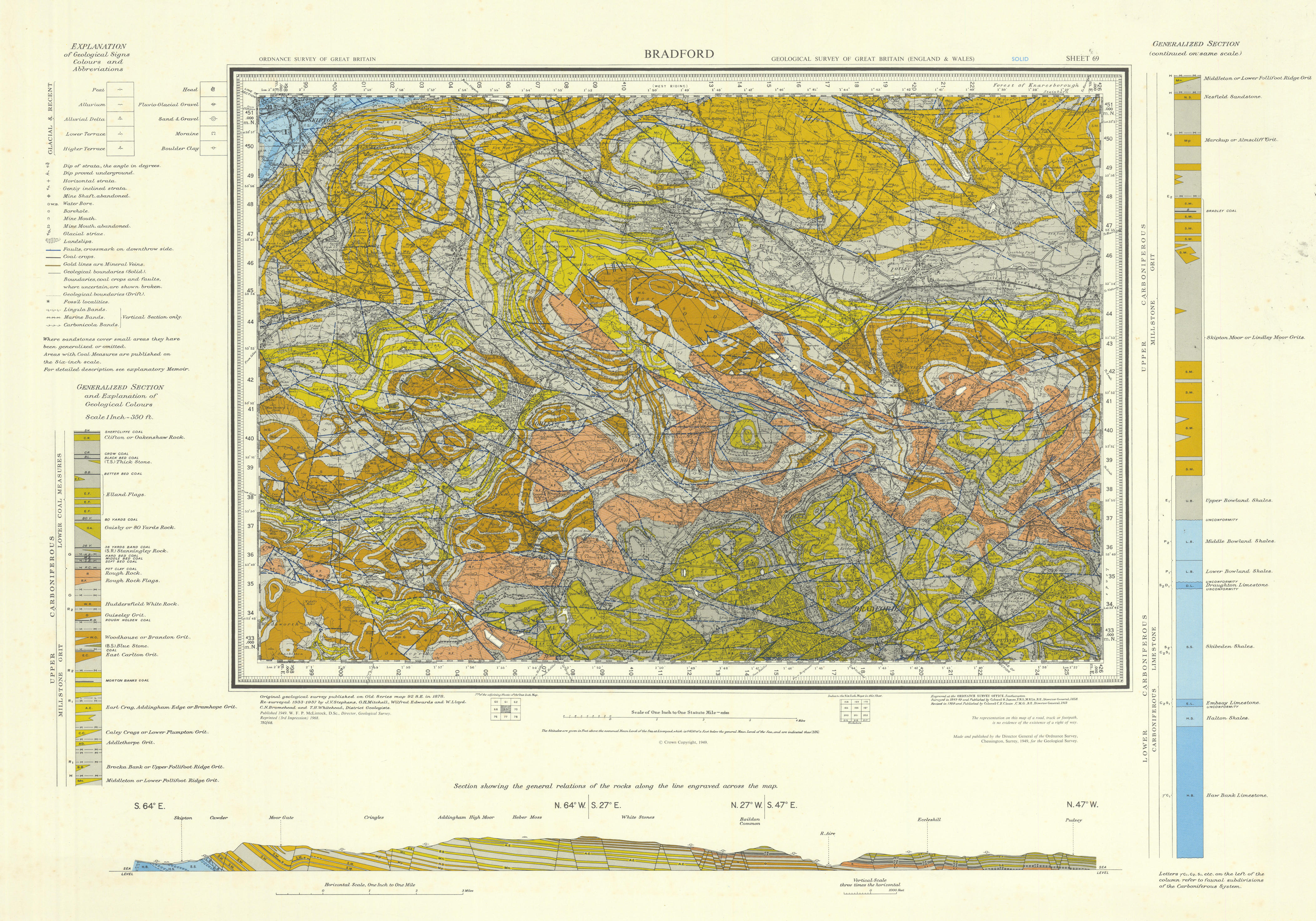 Associate Product Bradford geological survey sheet 69 Coal Measures Airedale Pennines 1968 map