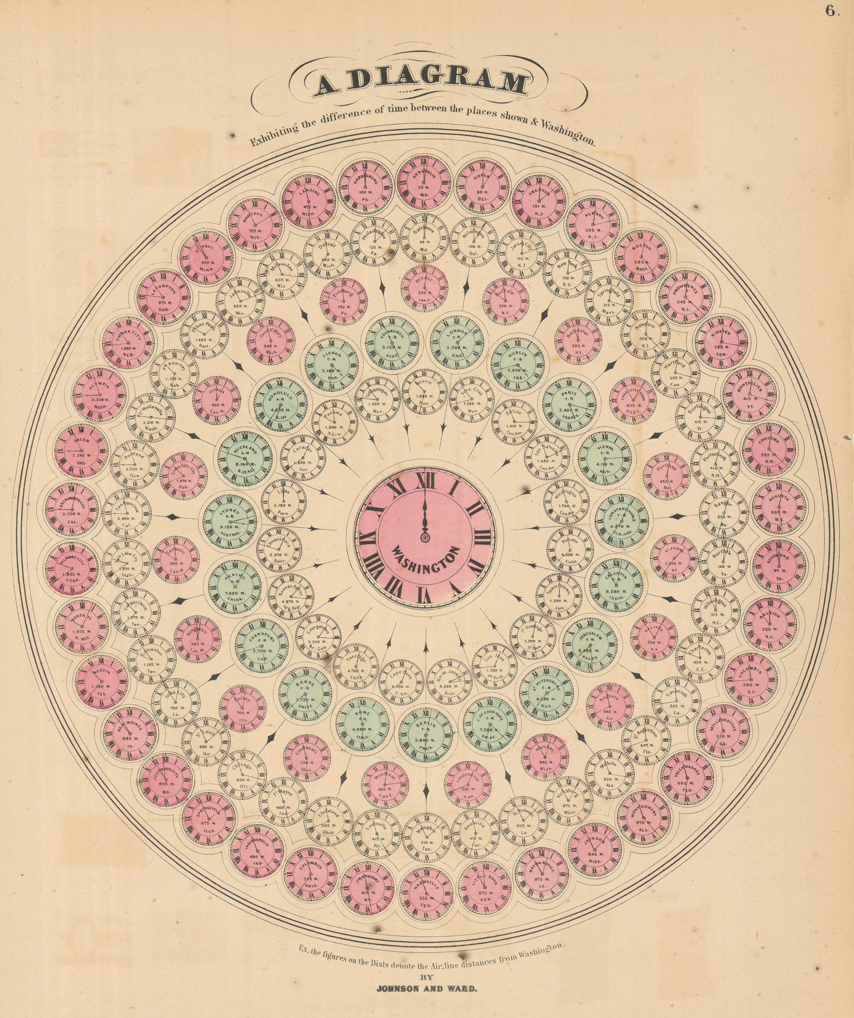Time differences & zones from Washington DC, by Johnson & Ward. Pre UT 1866