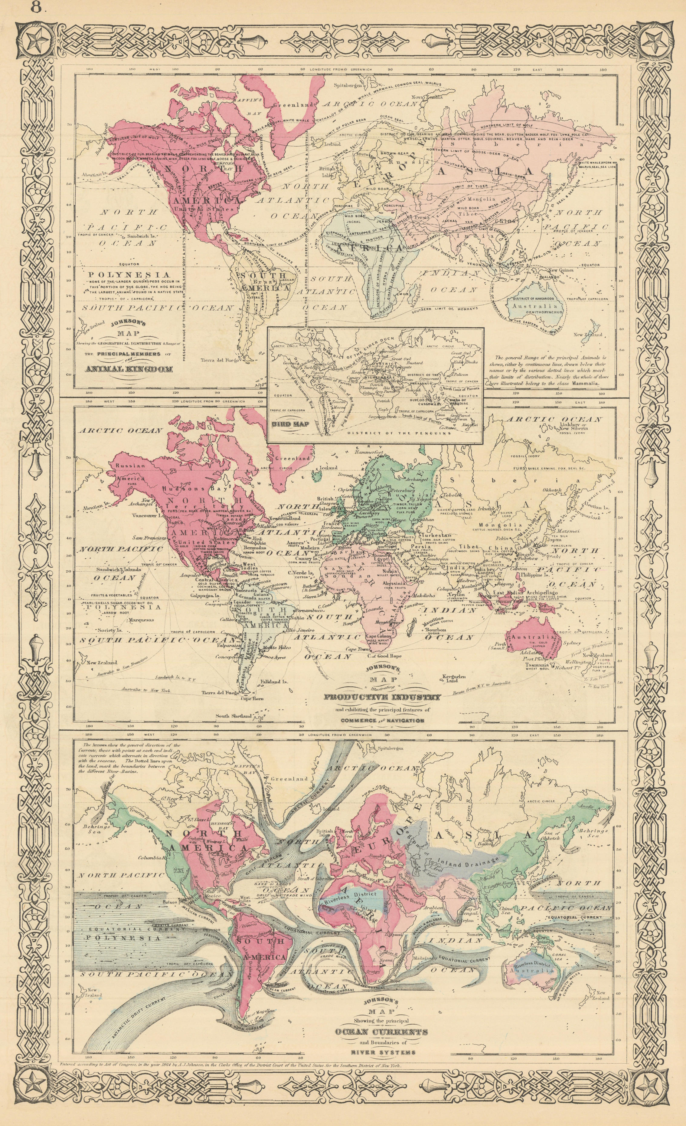 World. Animals Birds Industries Ocean Currents Watersheds. JOHNSON 1866 map