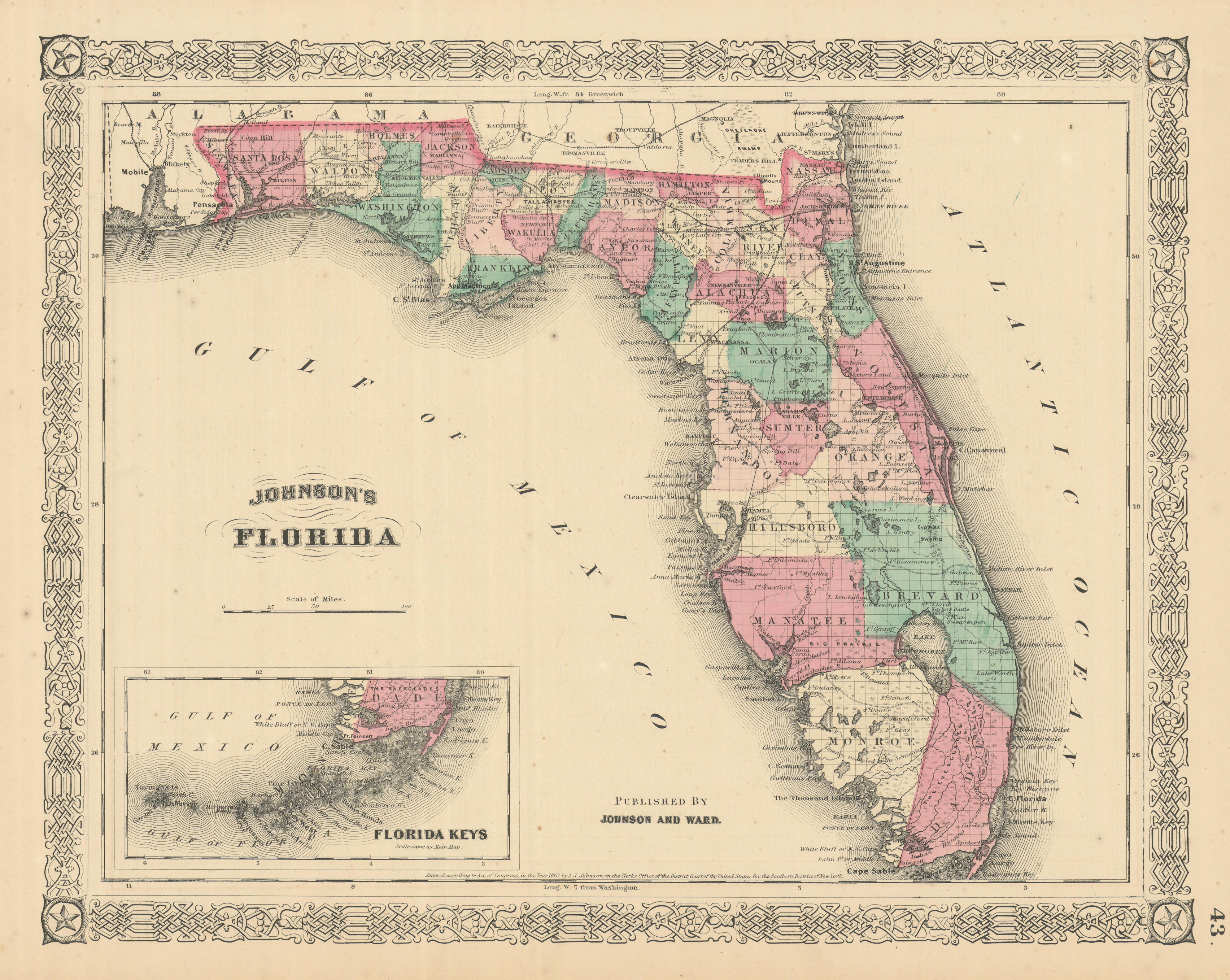 Associate Product Johnson's Florida. Florida Keys. US state map showing counties 1866 old