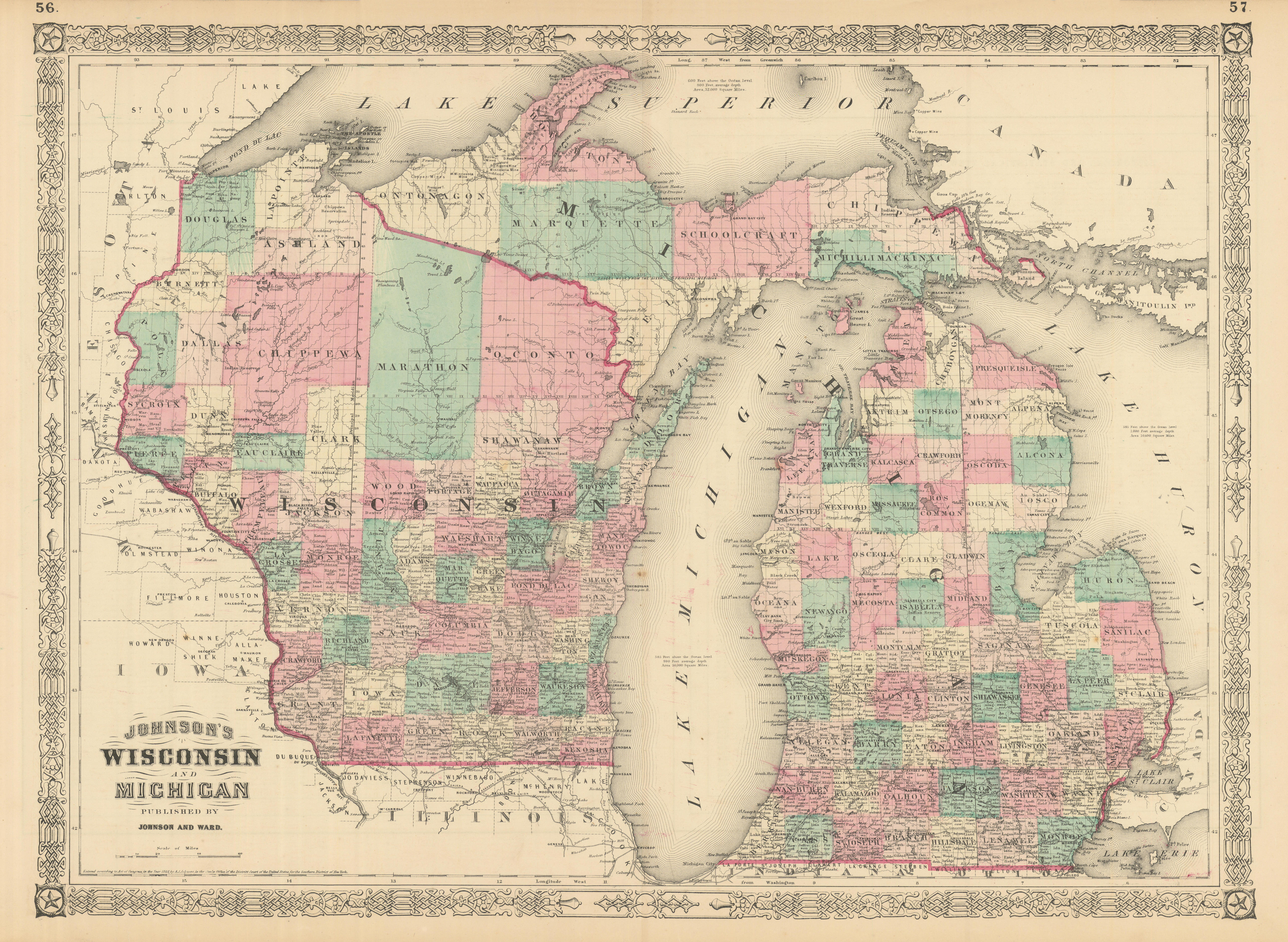 Associate Product Johnson's Wisconsin & Michigan. State map showing counties. Great Lakes 1866