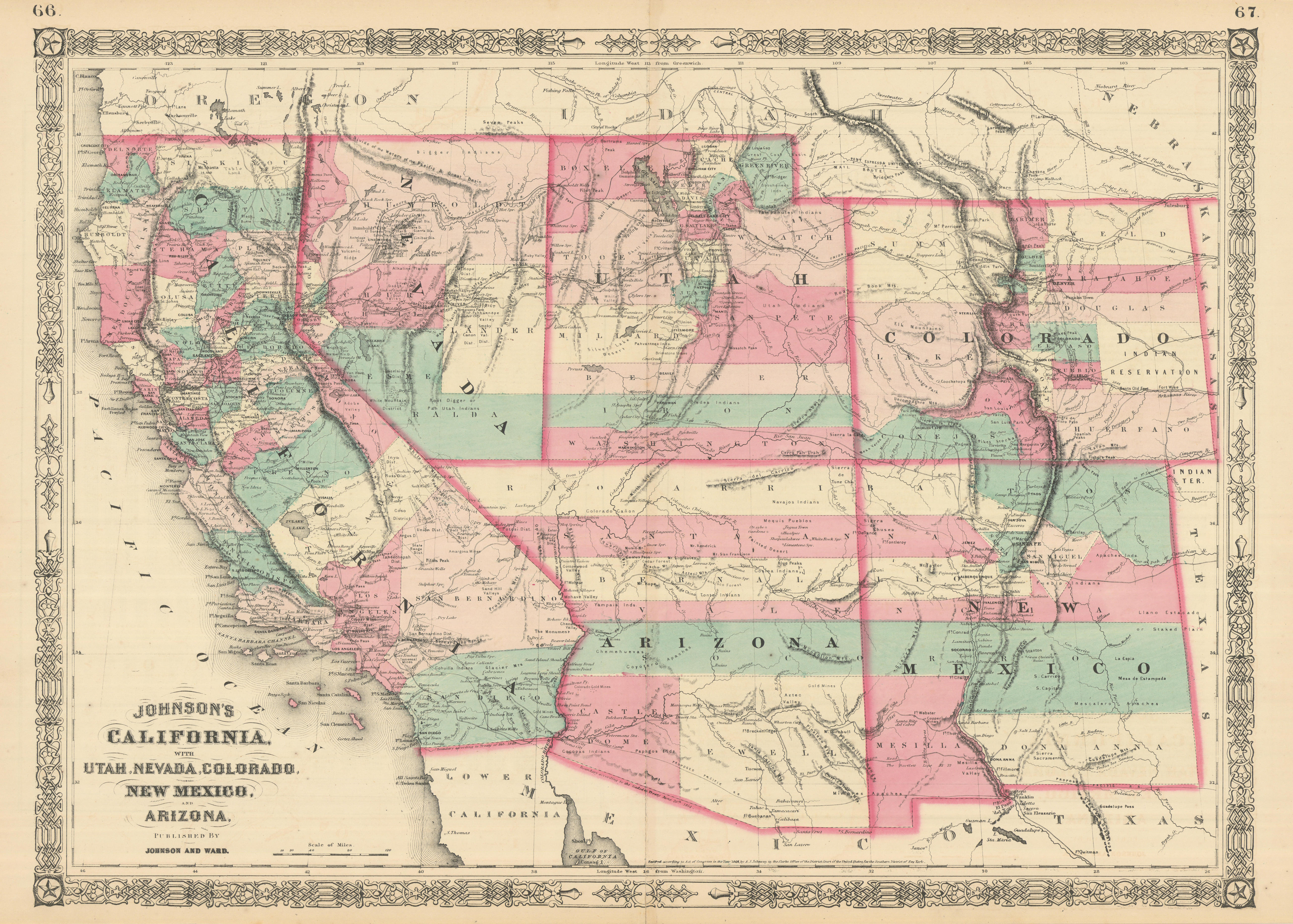 Associate Product Johnson's California with Utah, Nevada, Colorado, New Mexico & Arizona 1866 map