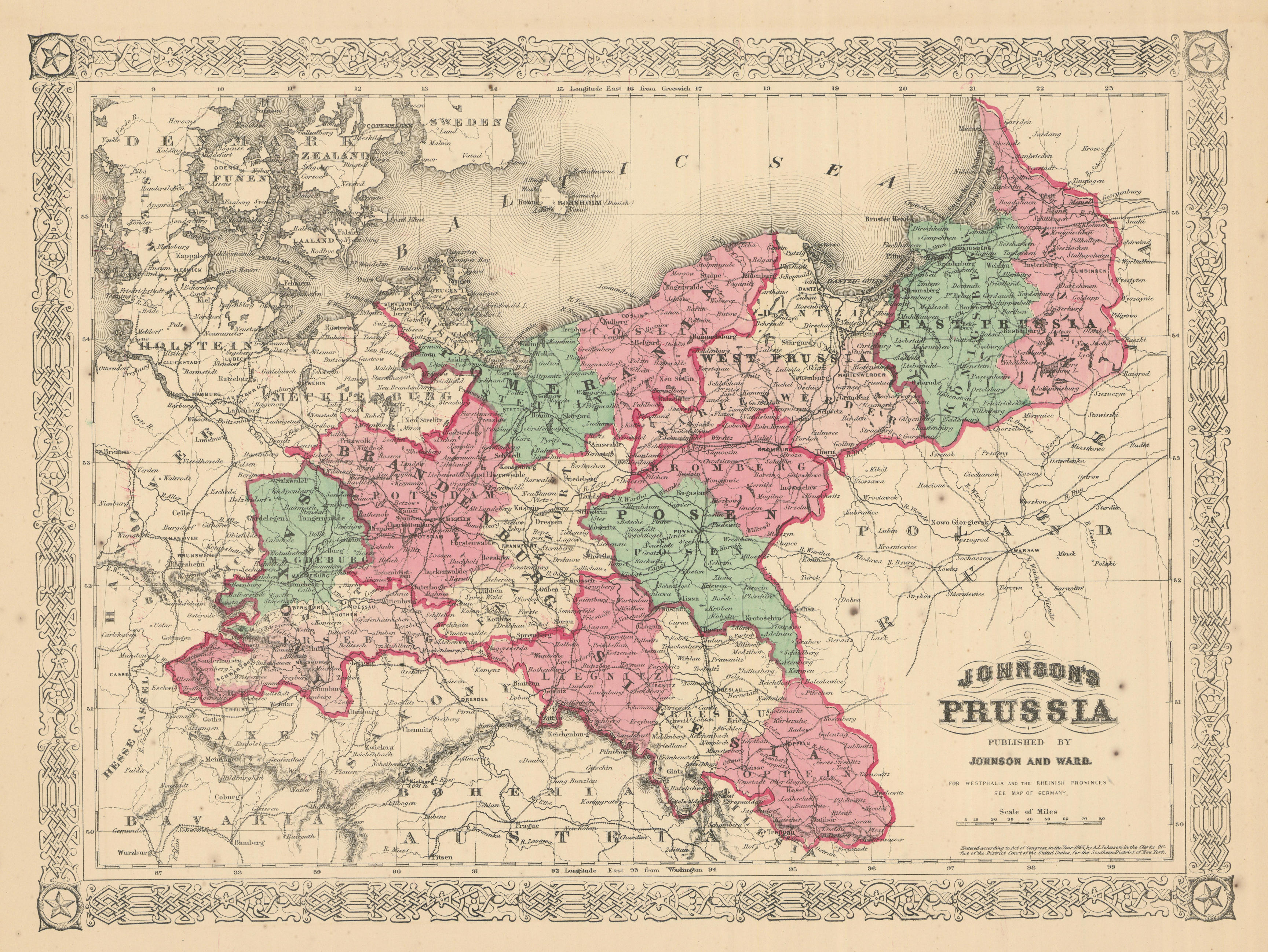 Associate Product Johnson's Prussia. Saxony Silesia Brandenburg Pomerania Posen Poland 1866 map