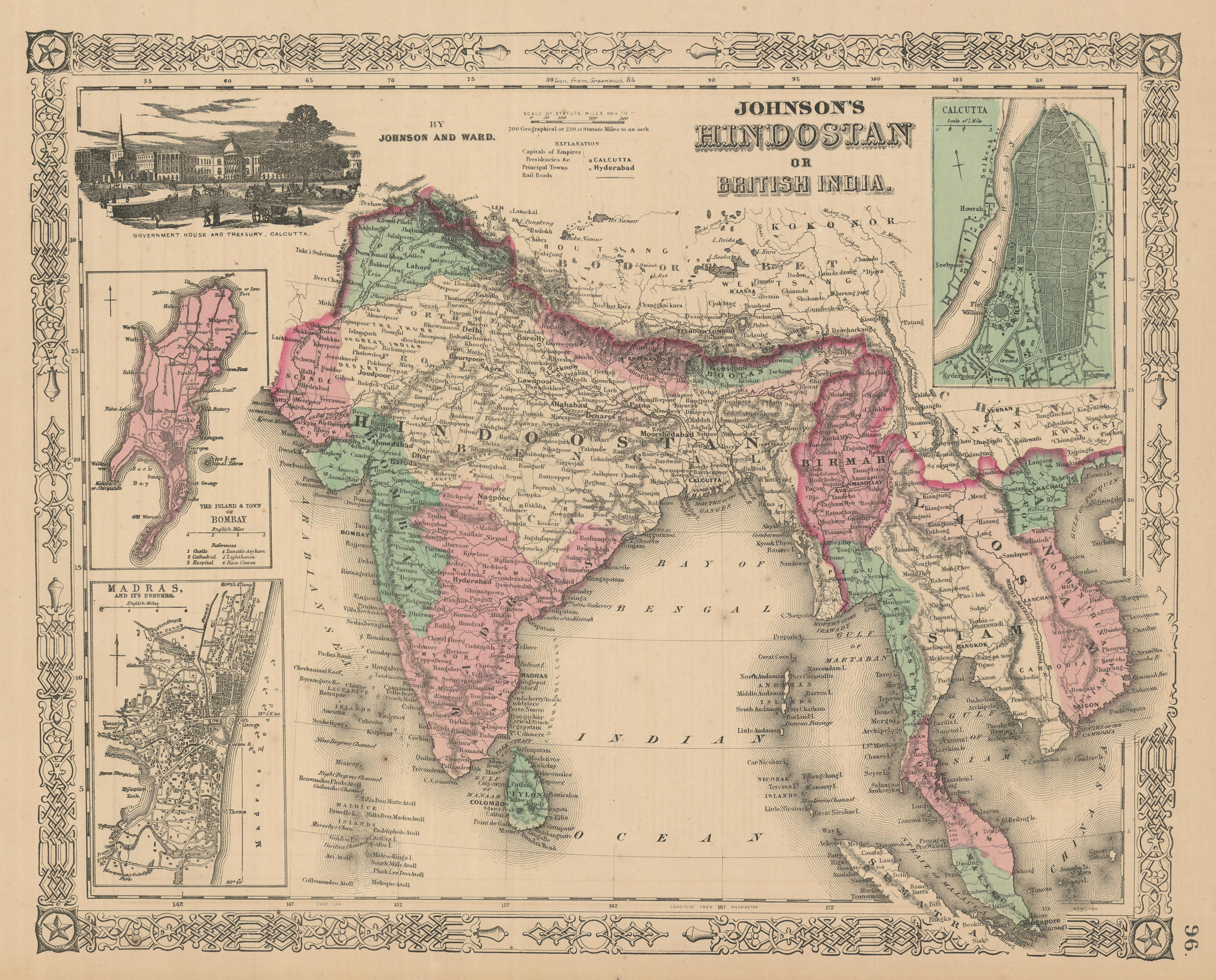 Associate Product Johnson's Hindostan or British India. Bombay Madras Calcutta. Indochina 1866 map