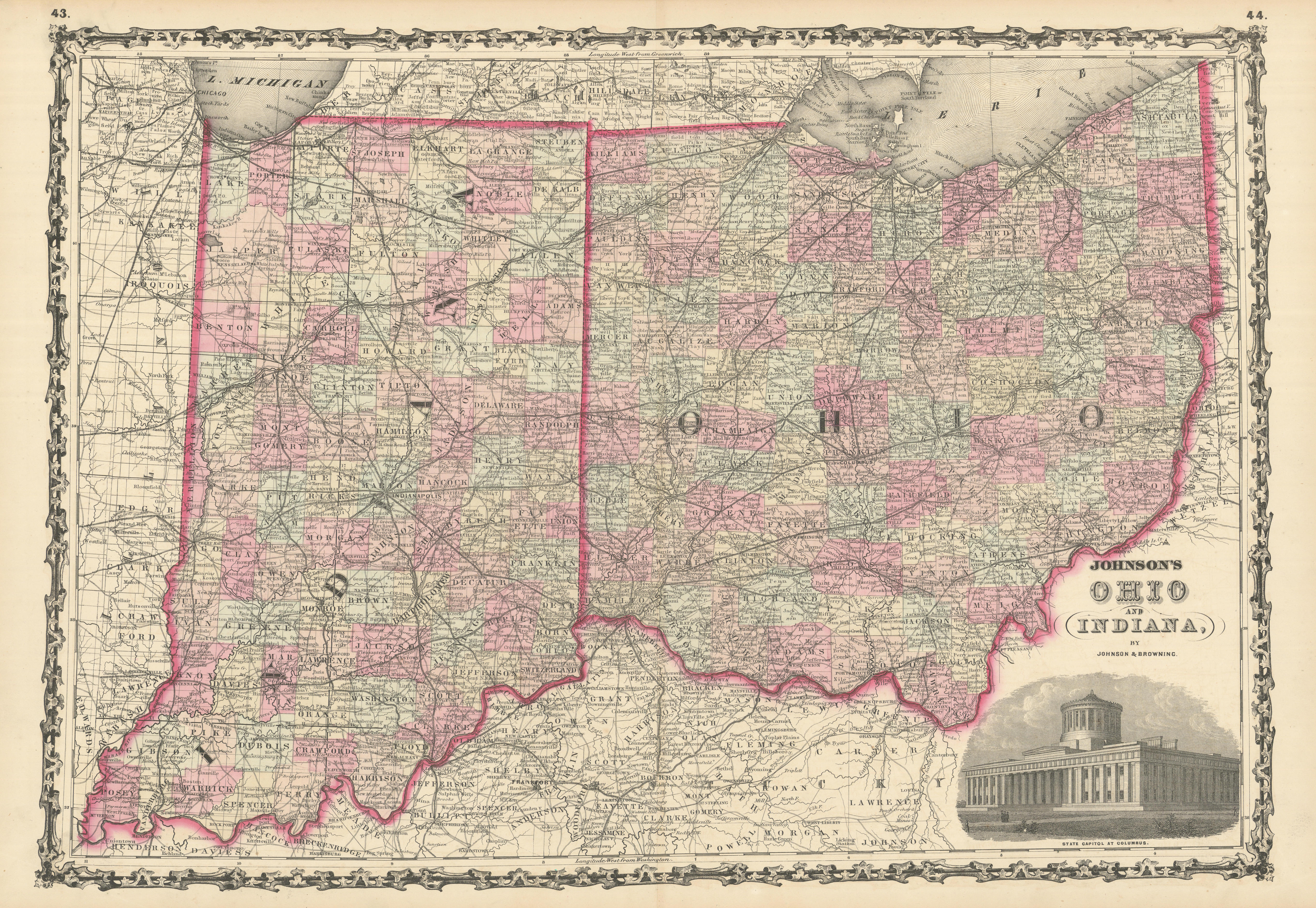 Associate Product Johnson's Ohio & Indiana. US state map showing counties 1861 old antique