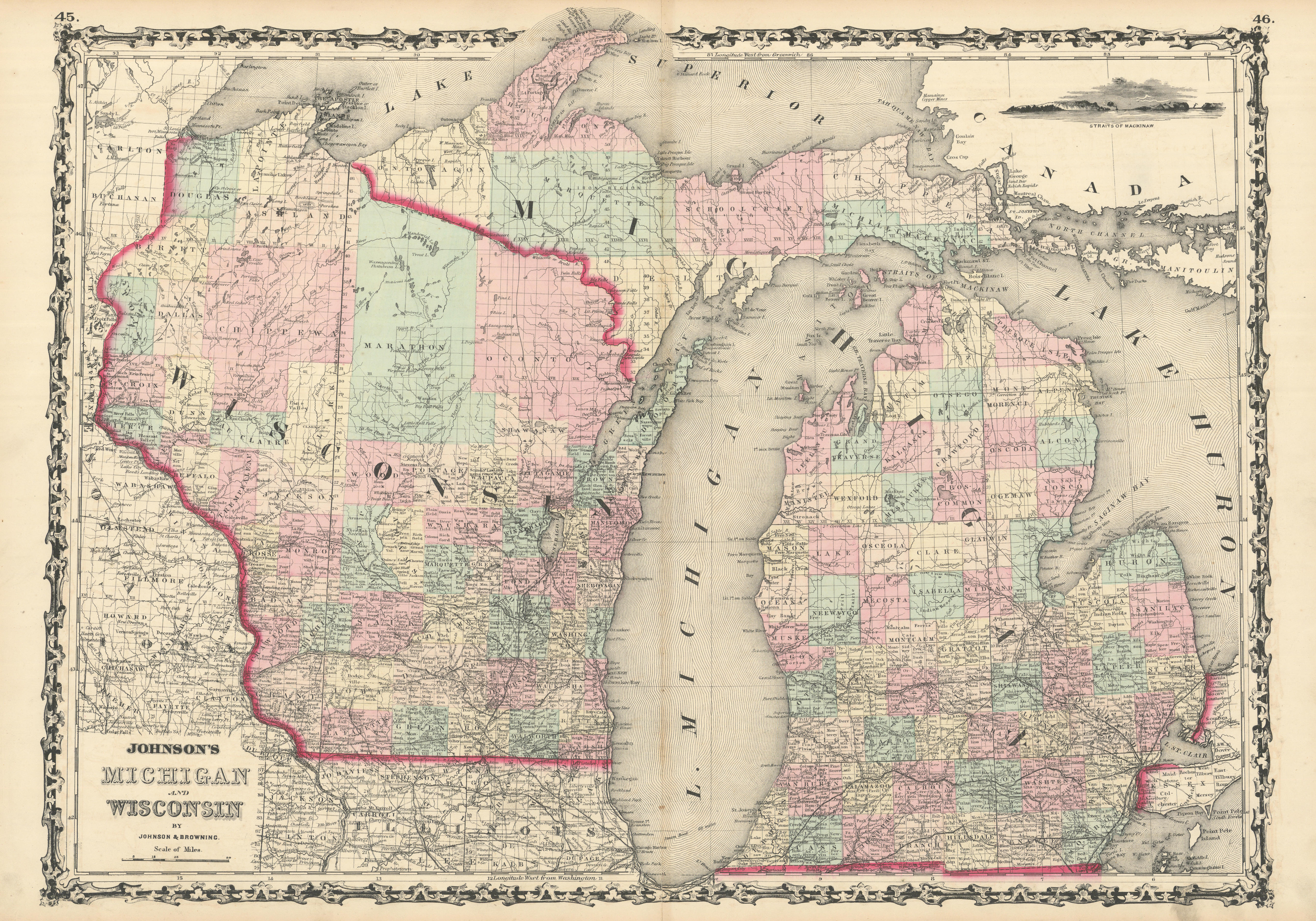 Associate Product Johnson's Wisconsin & Michigan. State map showing counties. Great Lakes 1861
