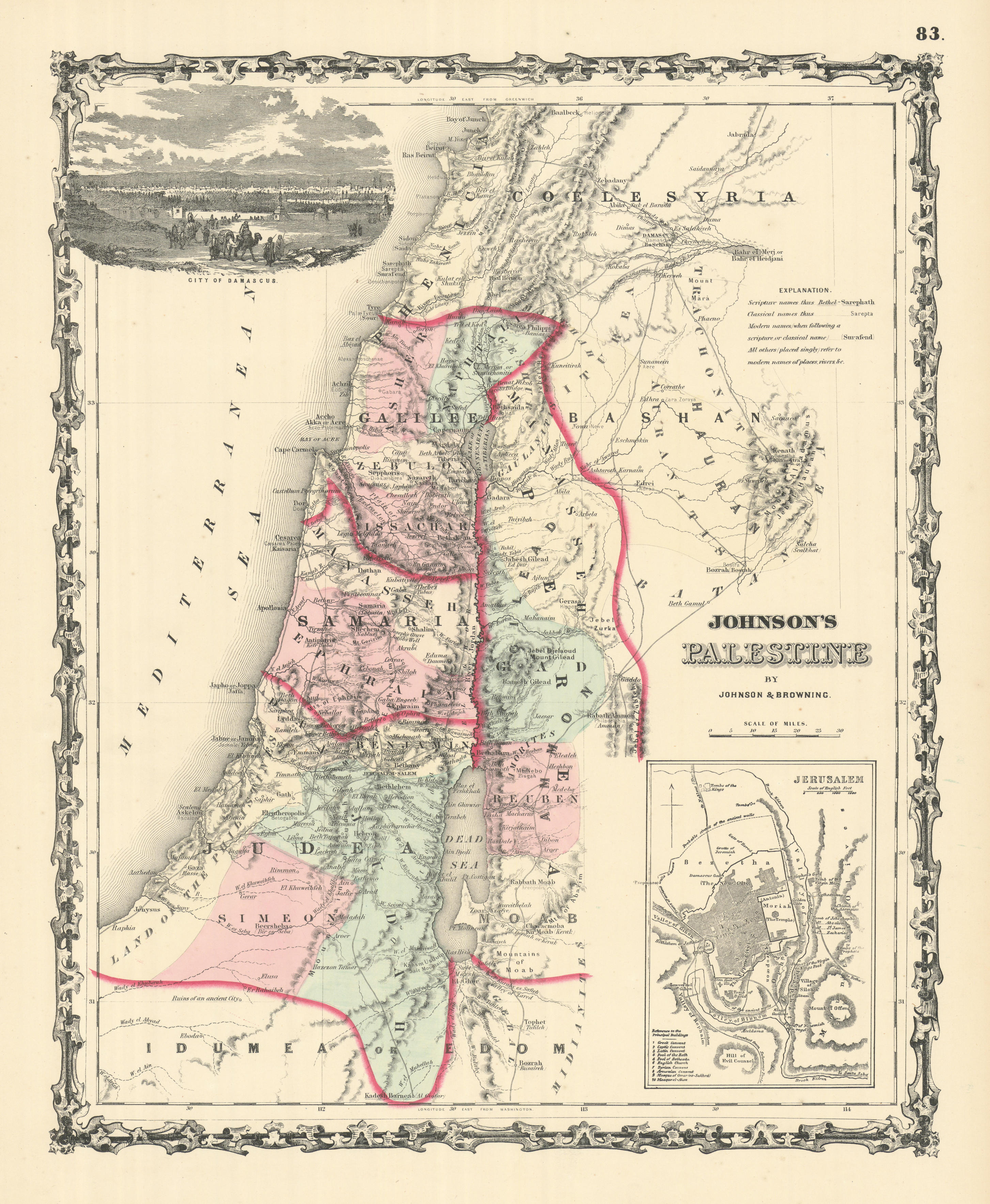Associate Product Johnson's Palestine. Jerusalem Damascus. 12 tribes of Israel. Holy Land 1861 map