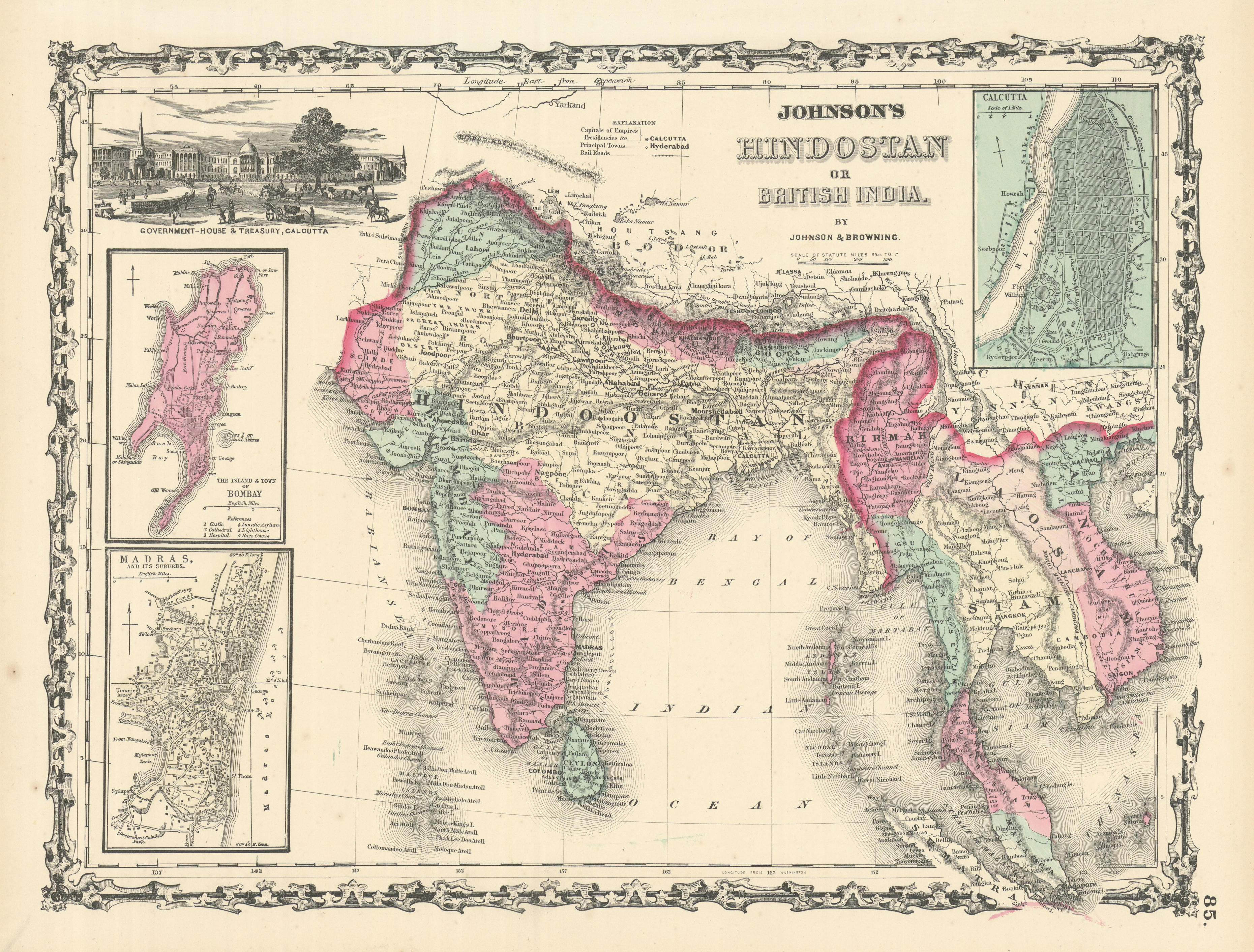 Associate Product Johnson's Hindostan or British India. Bombay Madras Calcutta. Indochina 1861 map