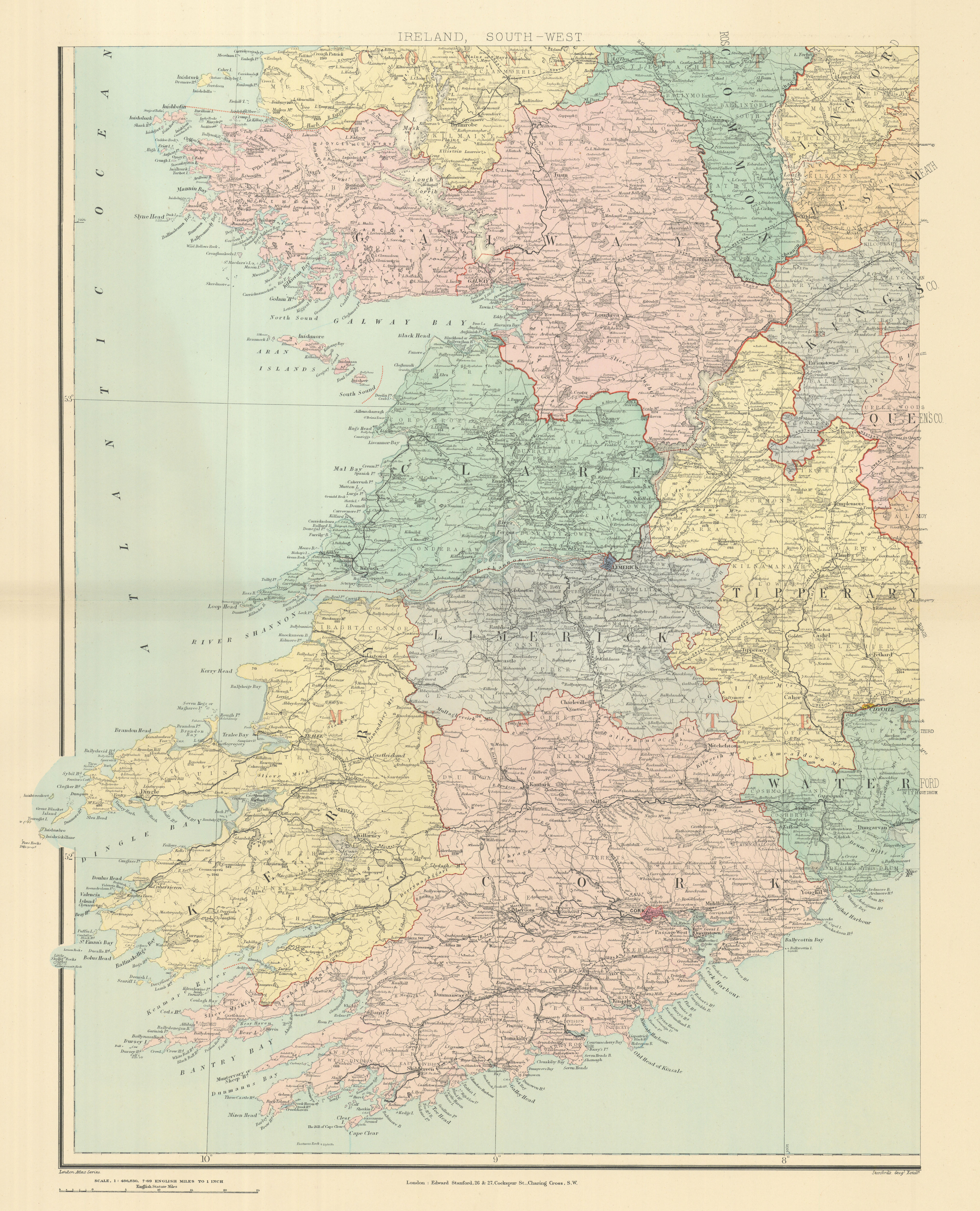 Associate Product Ireland south-west Munster Kerry Limerick Cork Clare Limerick. STANFORD 1894 map