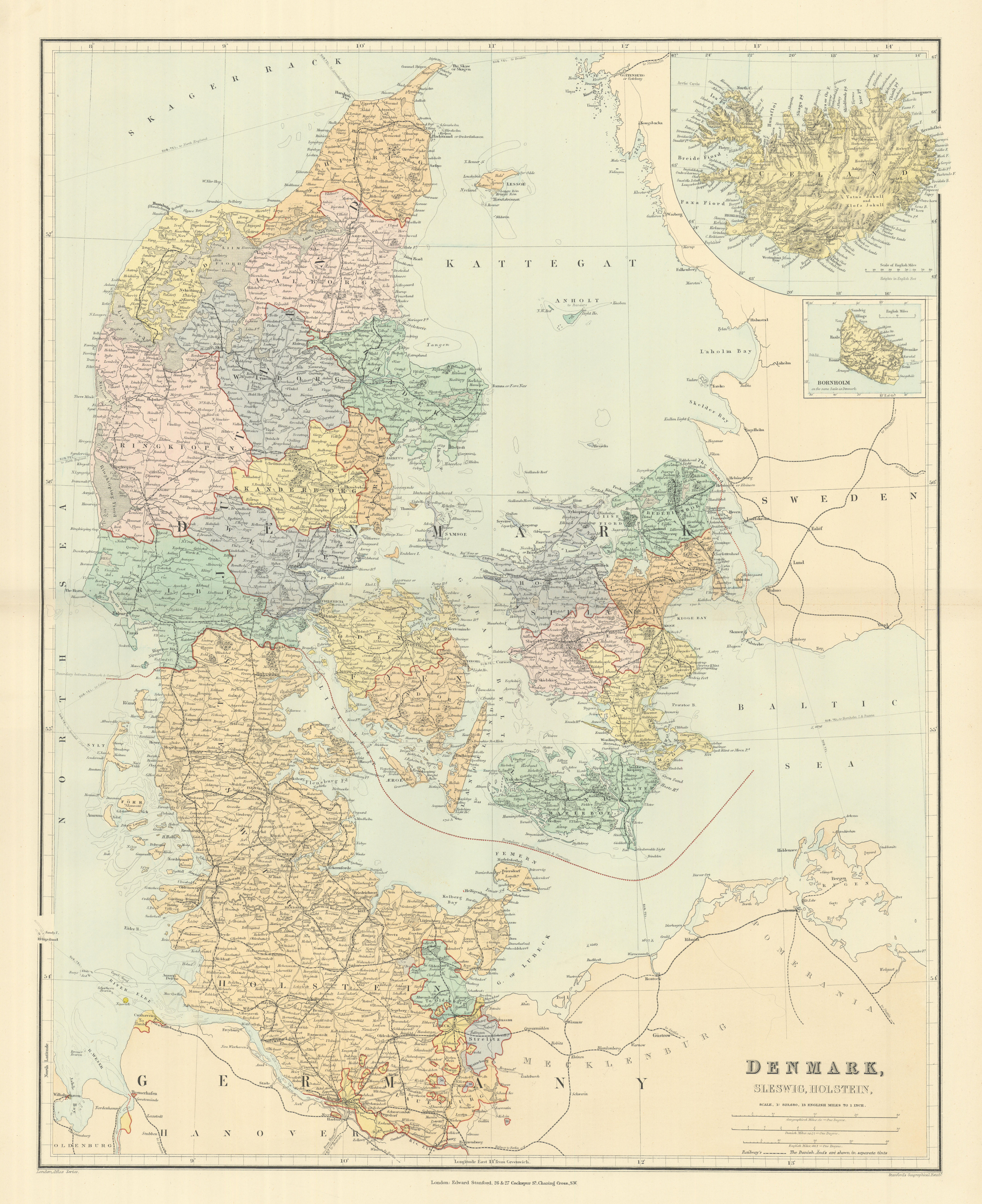 Associate Product Denmark, Schleswig & Holstein. Iceland Bornholm. Large 66x52cm STANFORD 1894 map