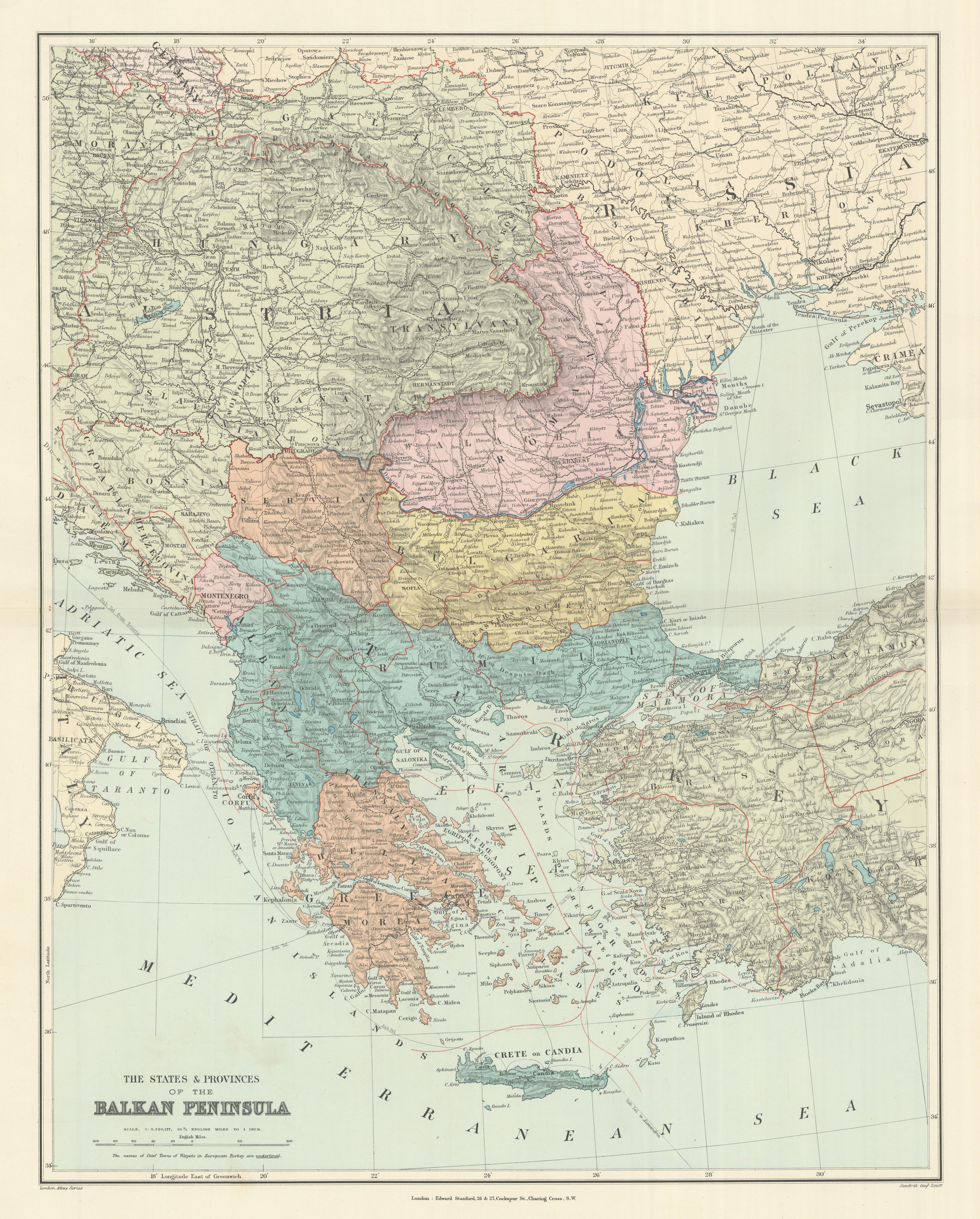 Associate Product BALKAN PENINSULA Greece Austria Rumili Servia Turkey Romania STANFORD 1894 map