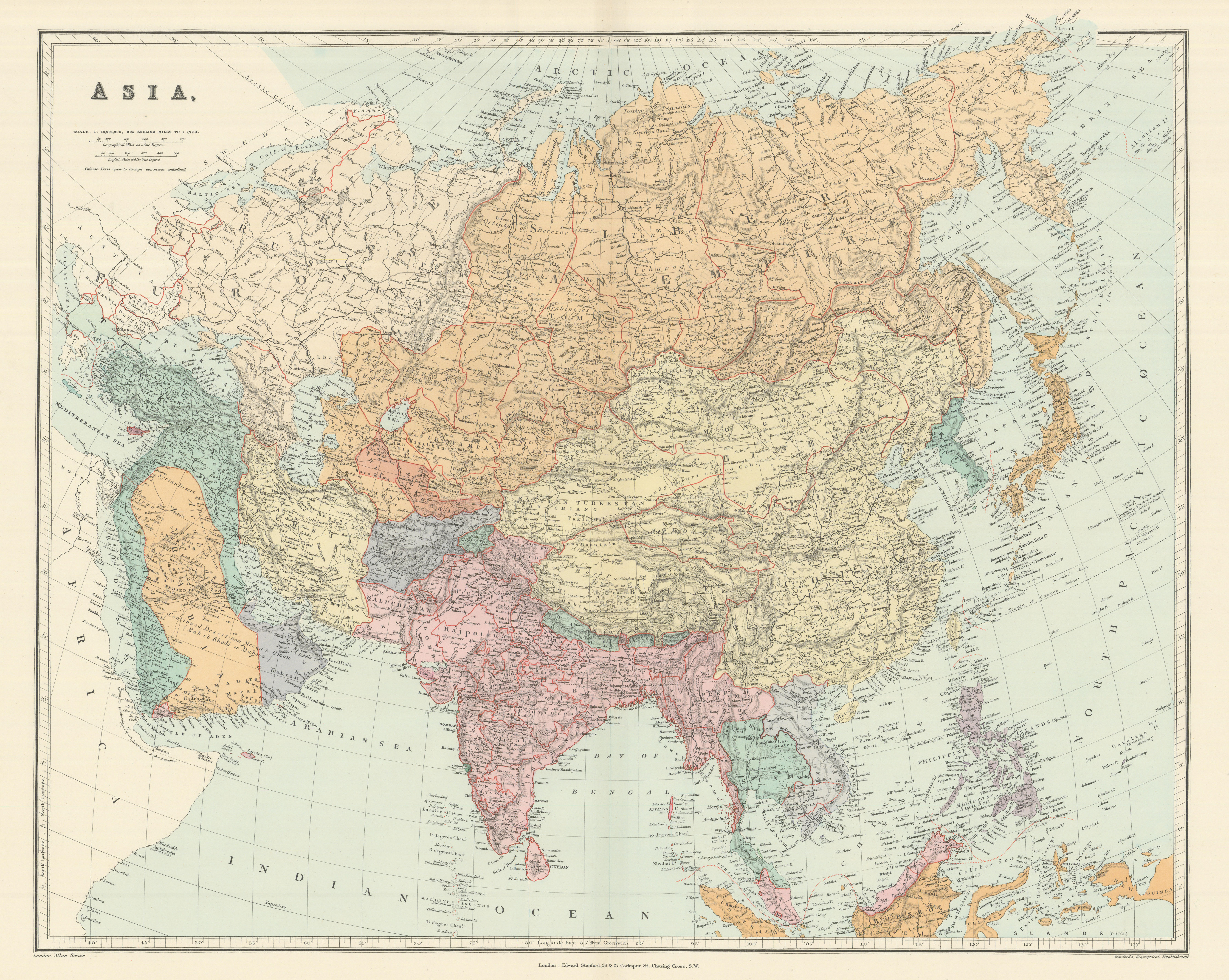 ASIA Japanese Formosa British India Siam Oman Abu Debi (Dhabi) STANFORD 1894 map