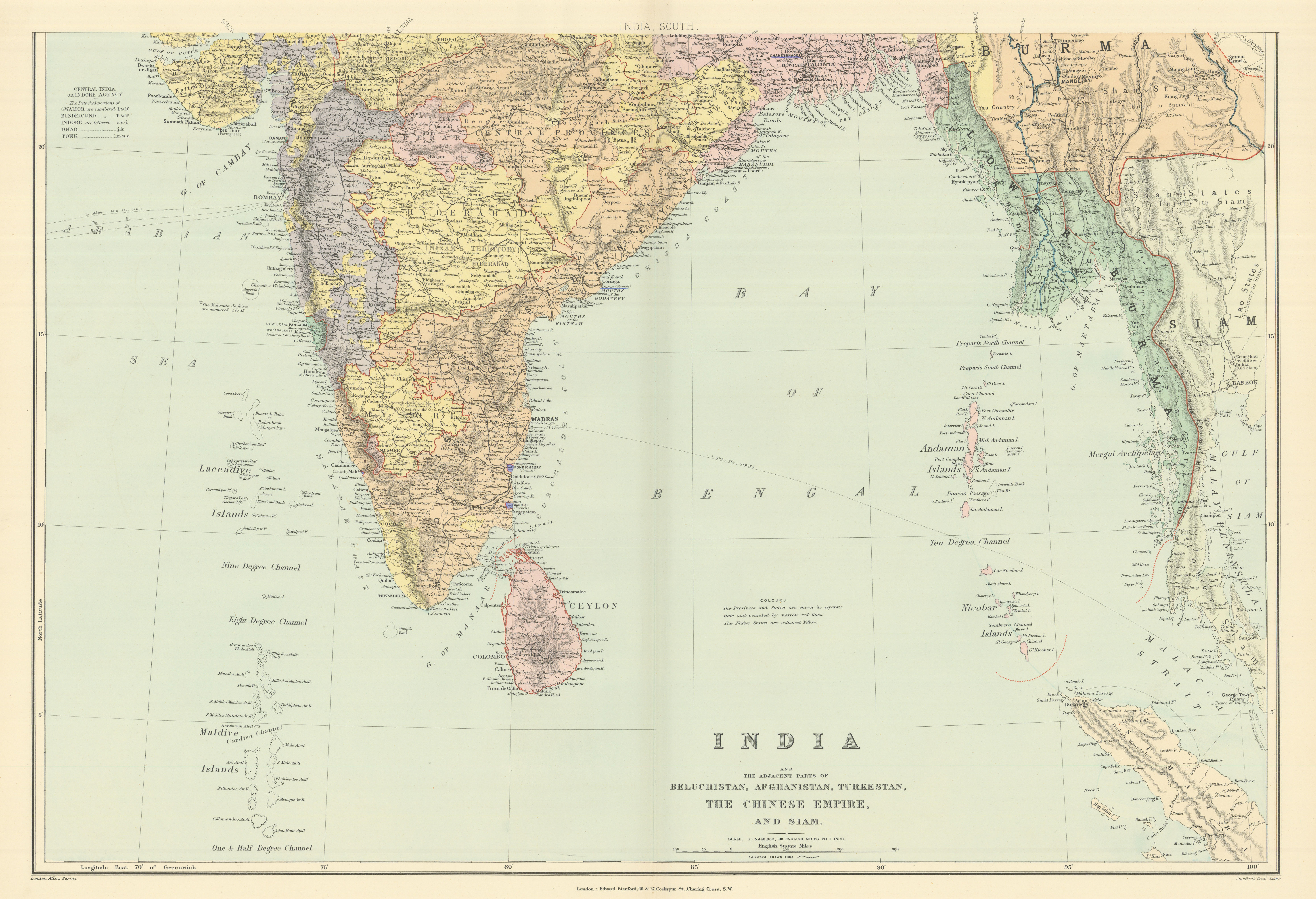 Associate Product India, South. Burma Ceylon Bay of Bengal Andaman Maldives. STANFORD 1894 map