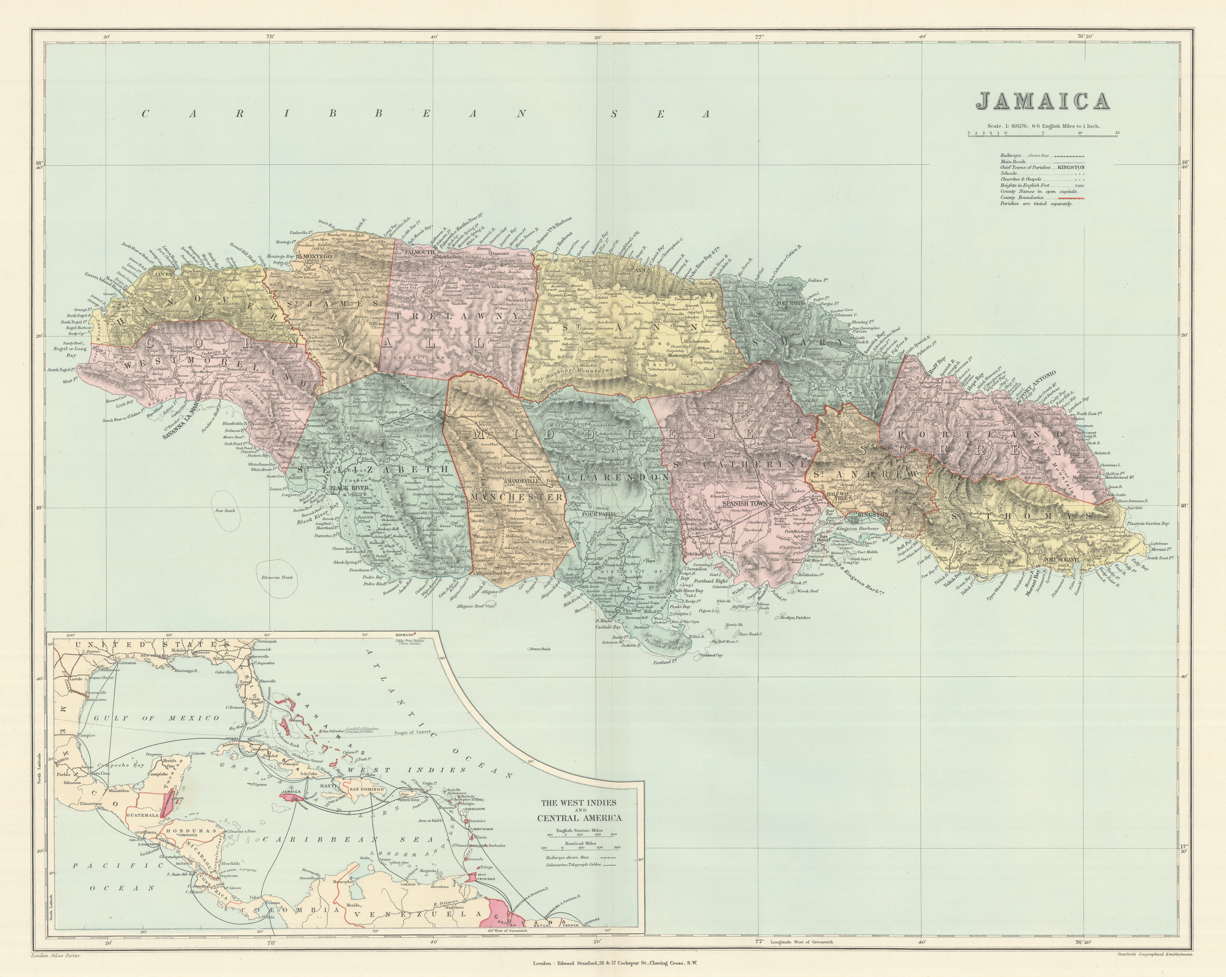 Associate Product Jamaica, in parishes. West Indies telegraph cables. 51x63cm. STANFORD 1894 map