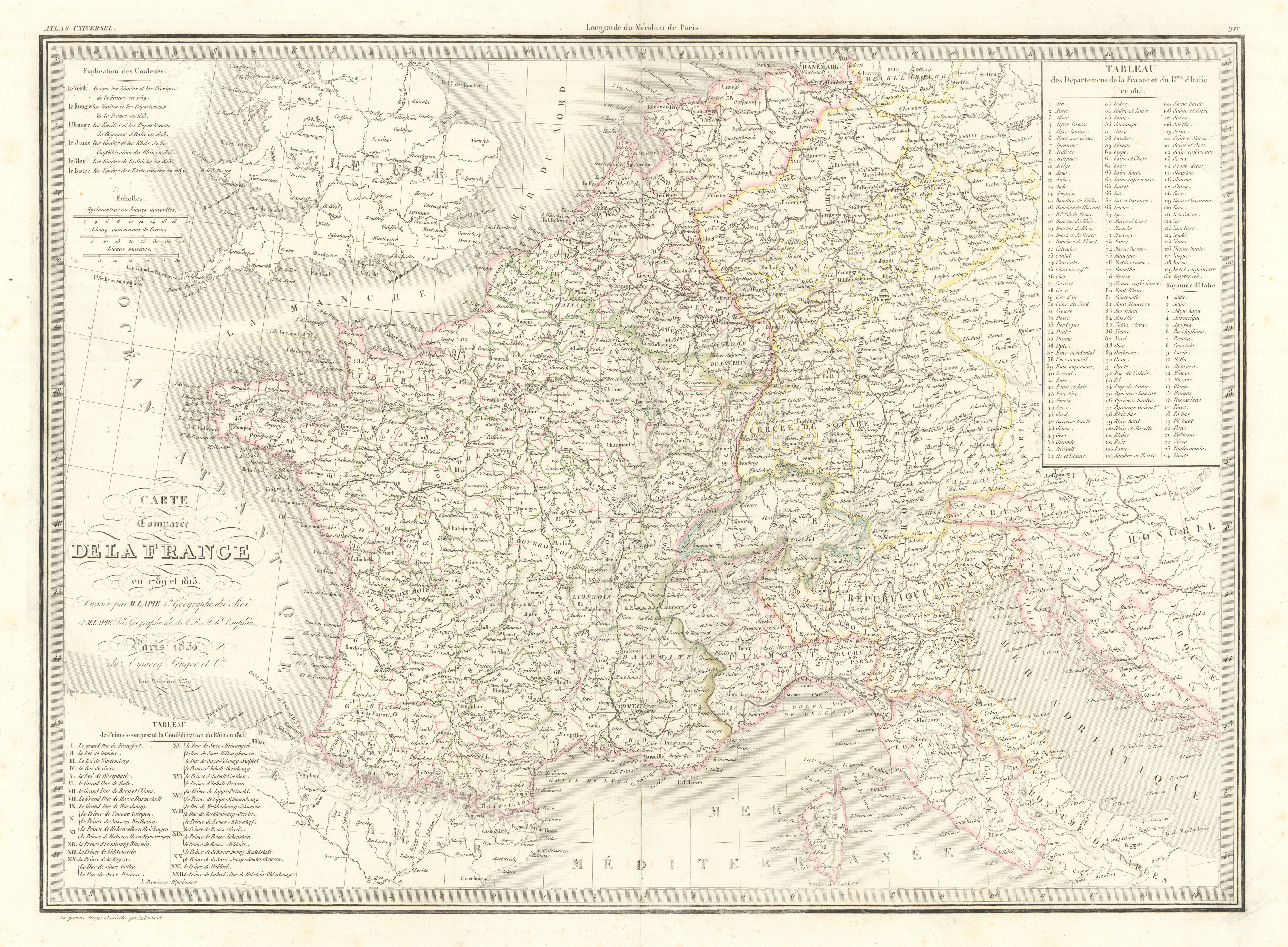Associate Product Carte comparée de la France en 1789 et 1813. Napoleonic France. LAPIE 1830 map