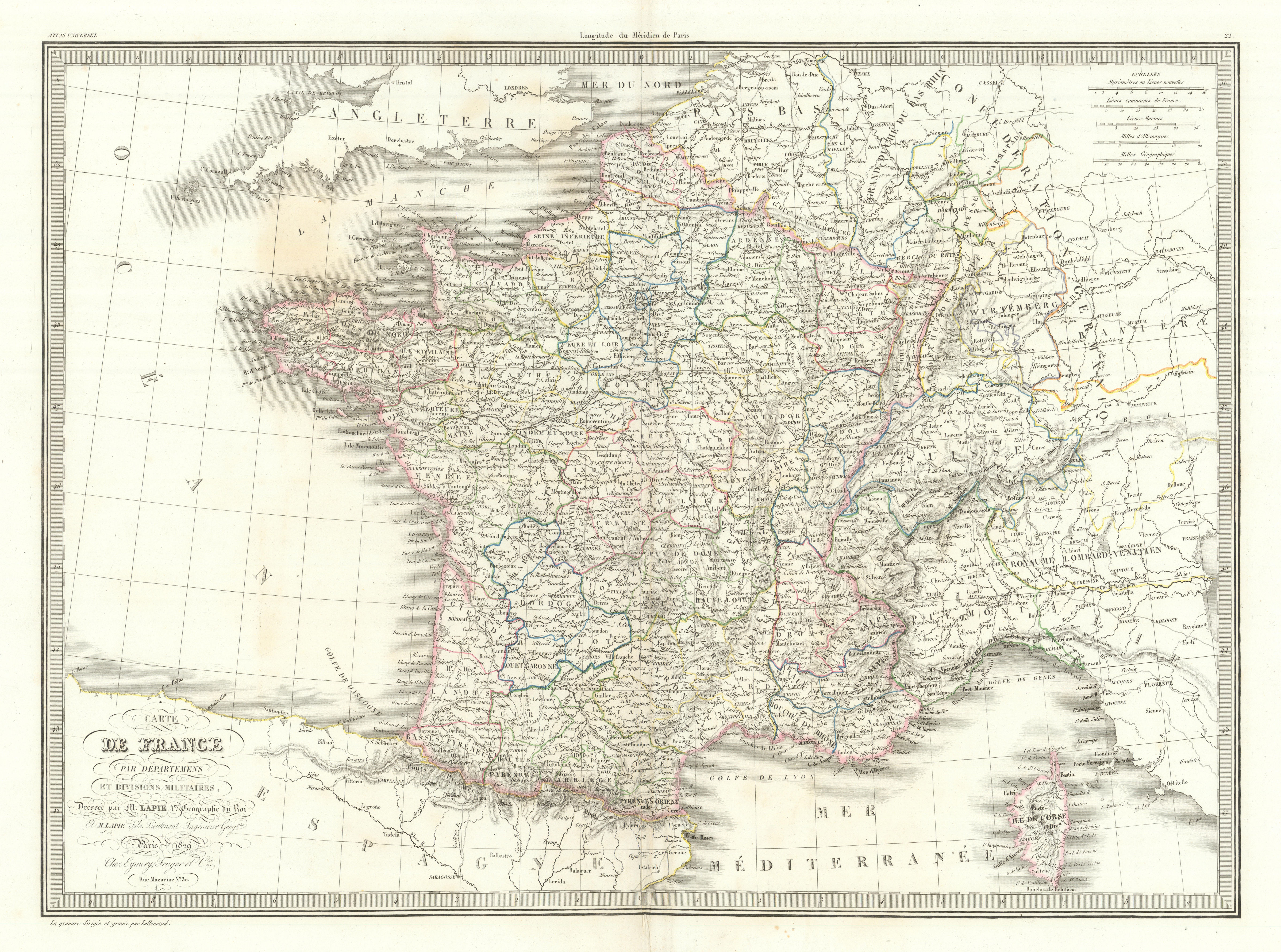 Associate Product Carte de la France par départemens et divisions militaires. LAPIE 1829 old map