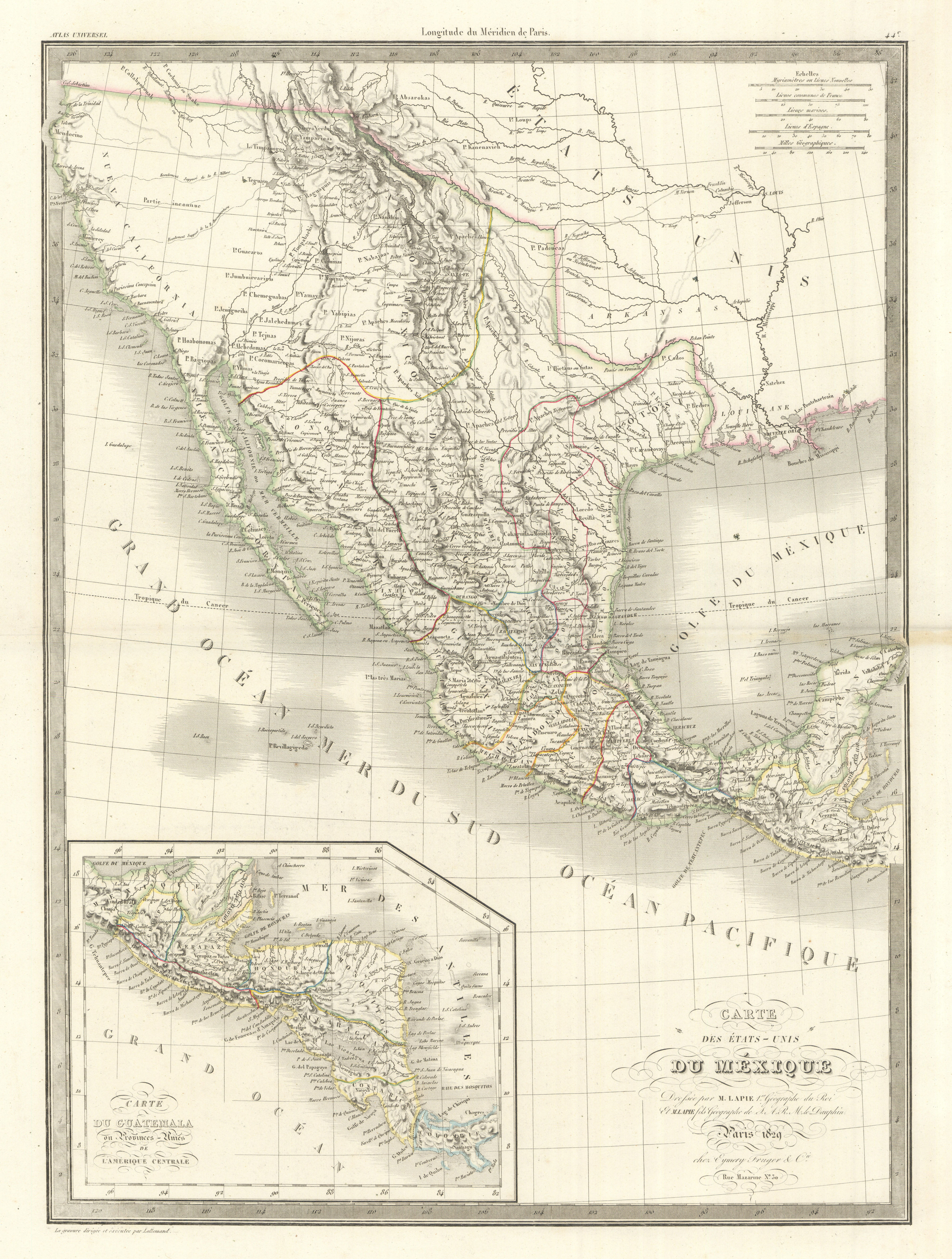 Associate Product Carte des Etats-Unis du Mexique & Guatemala. Mexico USA Southwest LAPIE 1829 map
