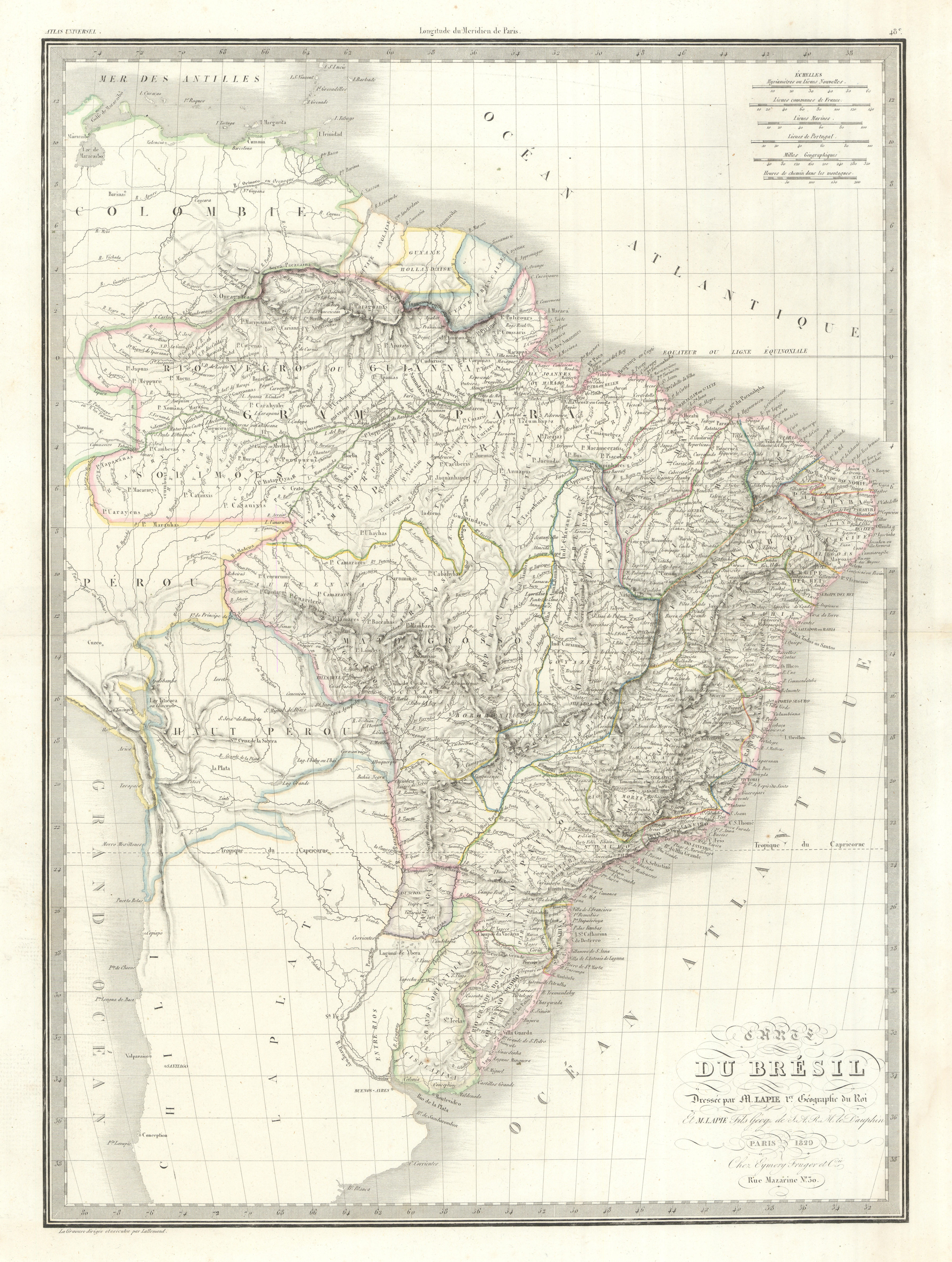 Associate Product Carte du Brésil. Brazil Bolivia Uruguay Cisplatine Paraguay. LAPIE 1829 map