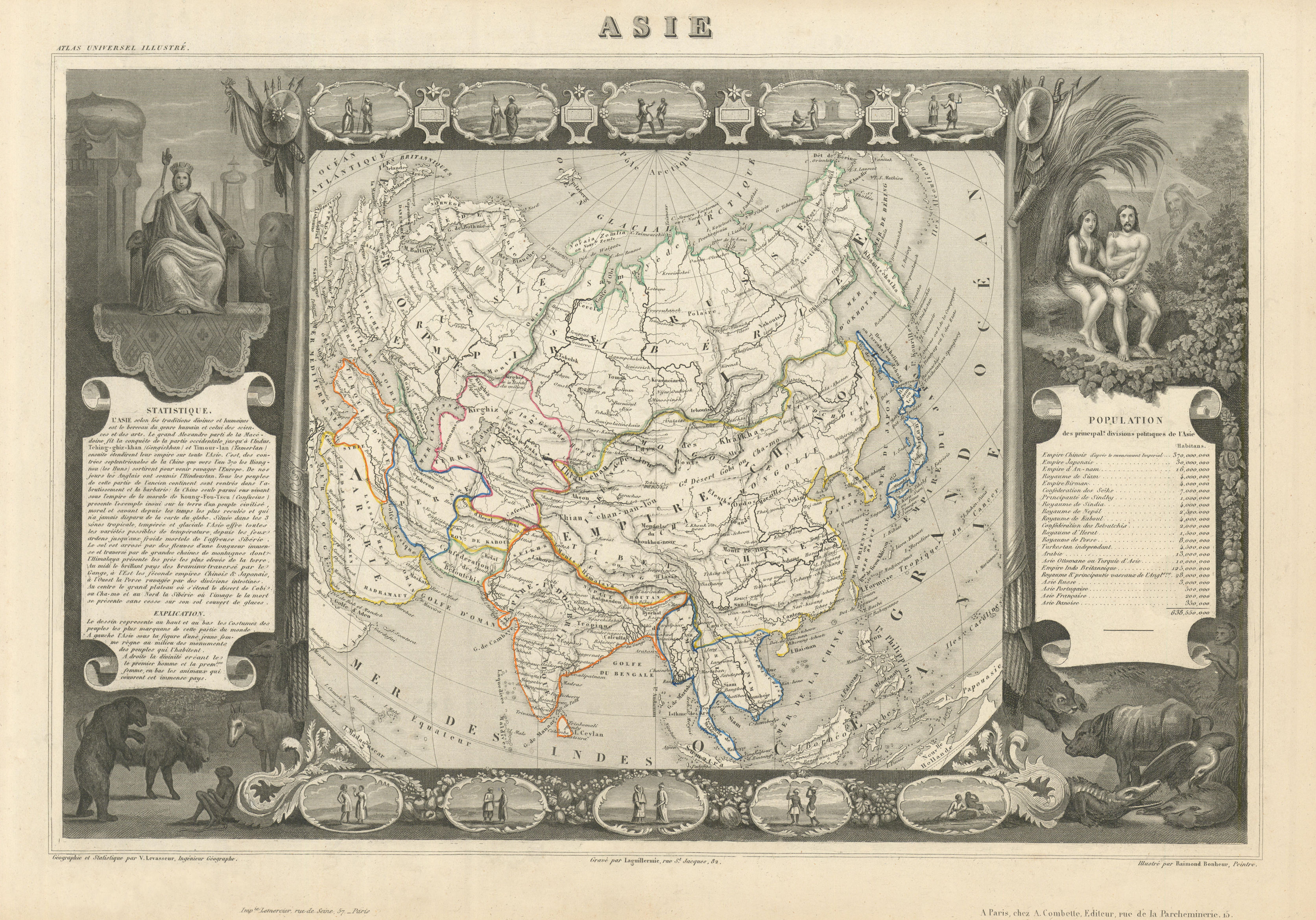 Associate Product ASIE. Asia. Decorative antique map/carte by Victor LEVASSEUR 1856 old