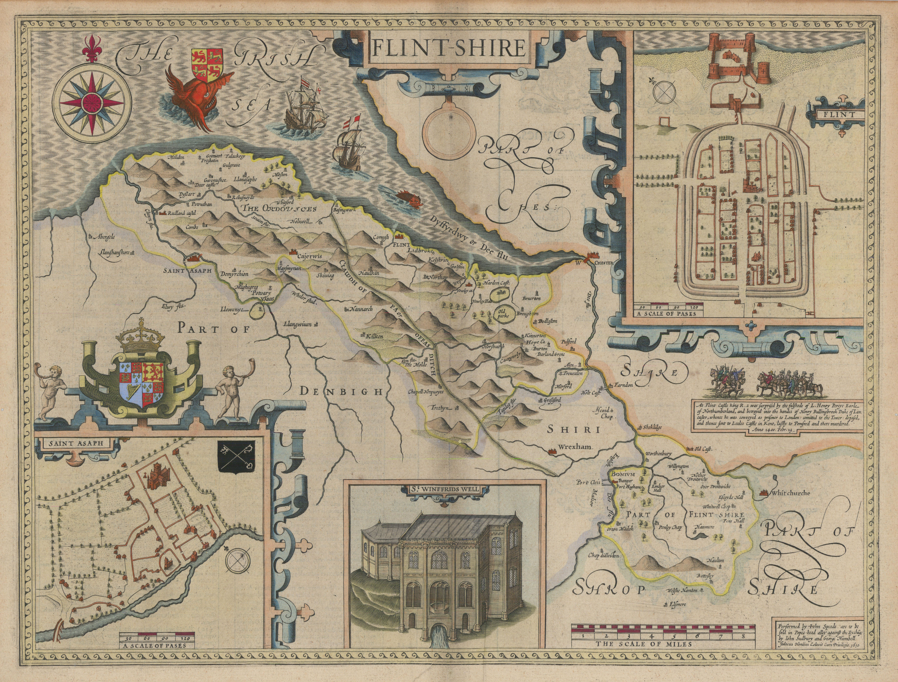 Associate Product Flintshire county map by John Speed. Sudbury & George Humble edition c1627