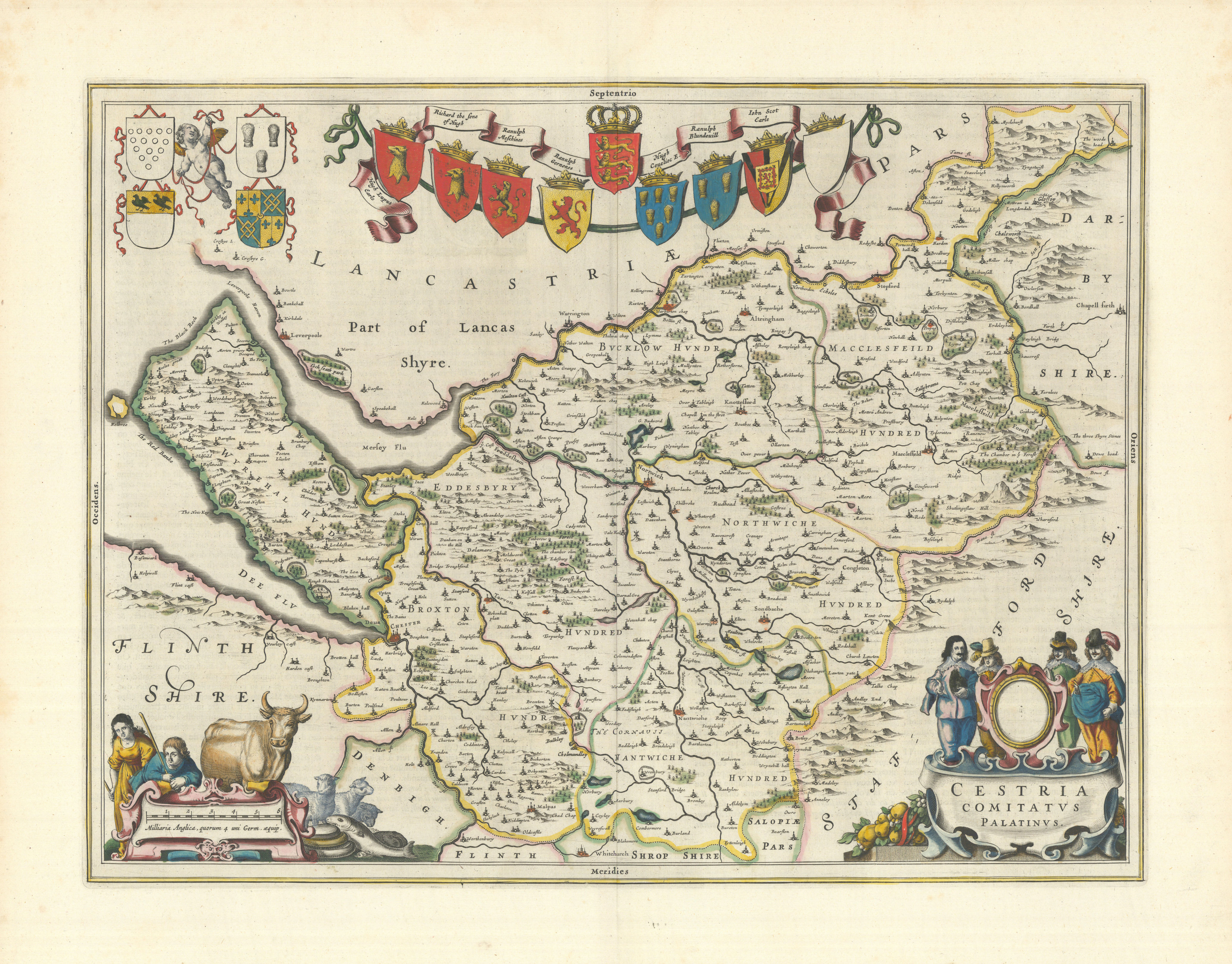 Associate Product Cestria Comitatus Palatinus. Cheshire county map by Blaeu 1645 old antique