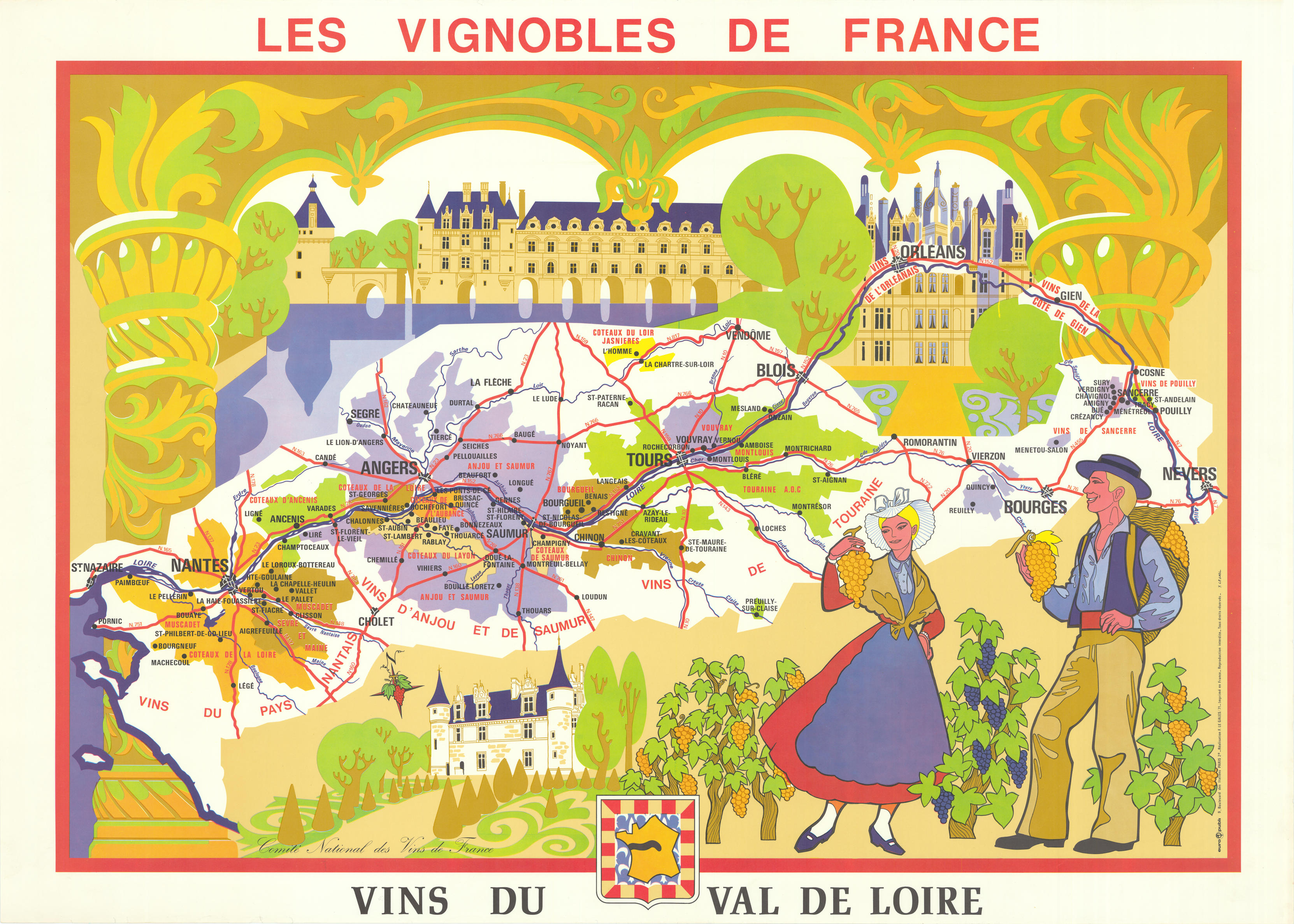 Associate Product LOIRE WINE MAP Vignobles de France. Vins du Val de Loire. SOPEXA/CNVF 1971