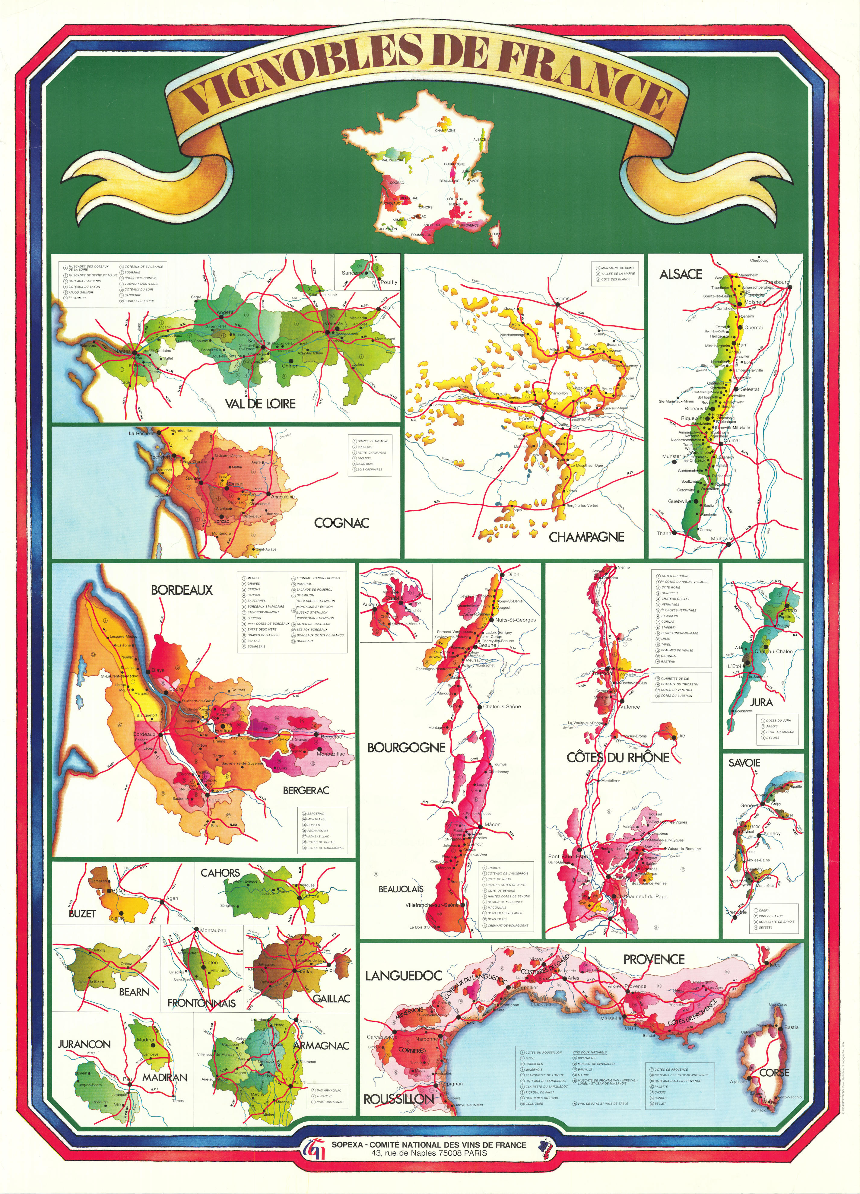 Vignobles de France. French wine regions poster map. SOPEXA/CNVF/Edery 1970s