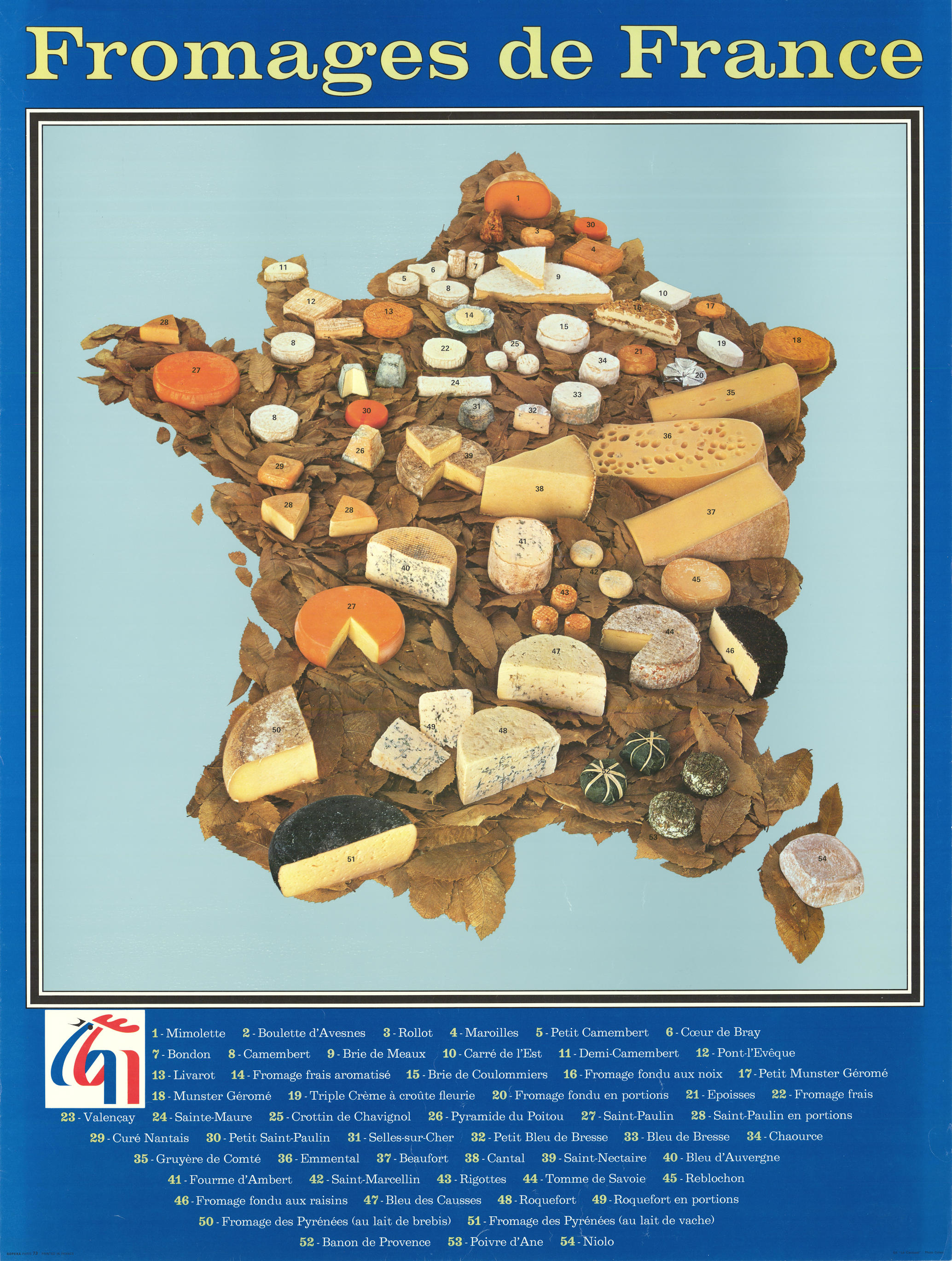 Fromages de France. French cheese poster map. SOPEXA 1973 old vintage
