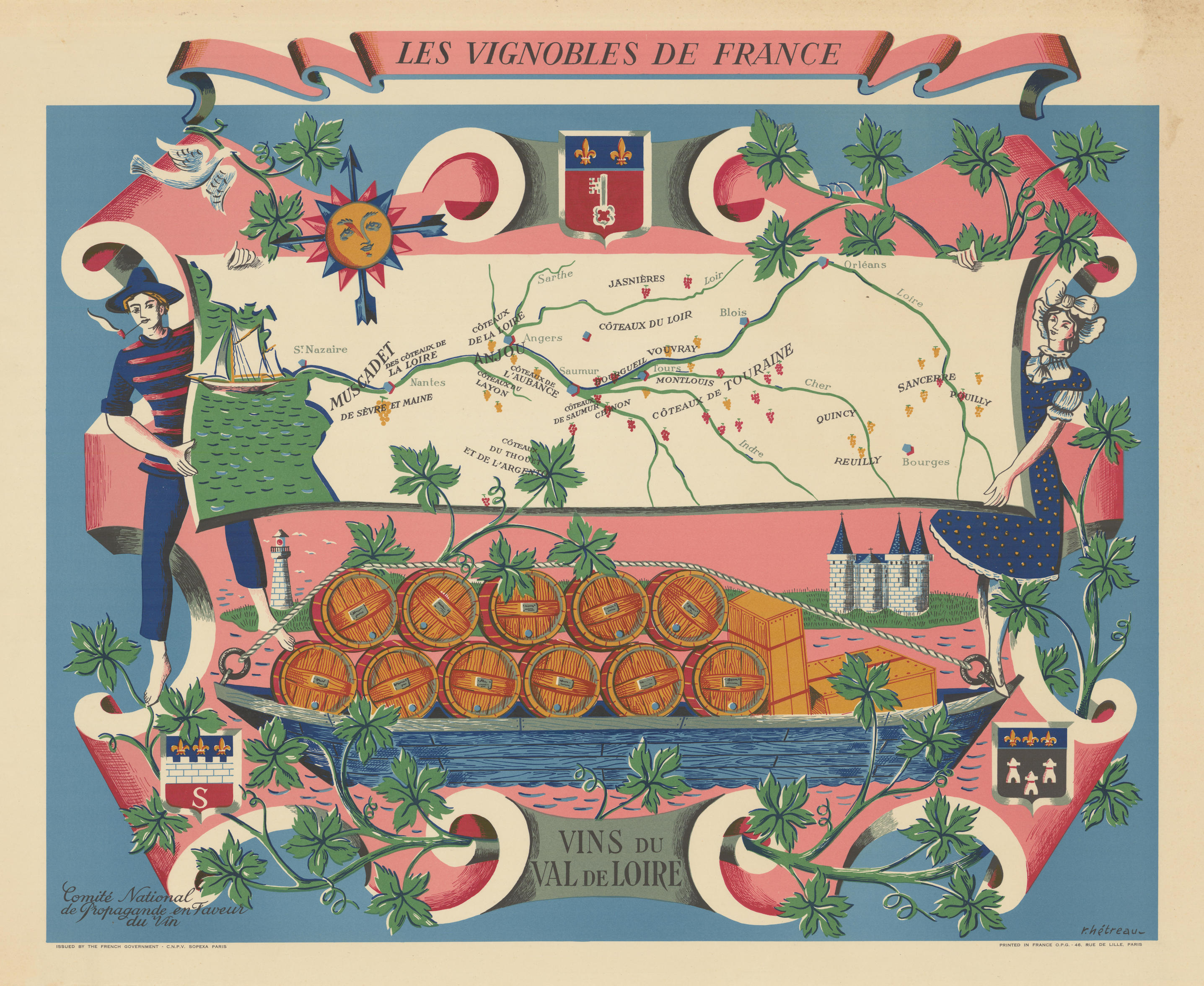 Associate Product LOIRE WINE MAP Vignobles de France. Vins du Val de Loire. Rémy HETREAU 1954