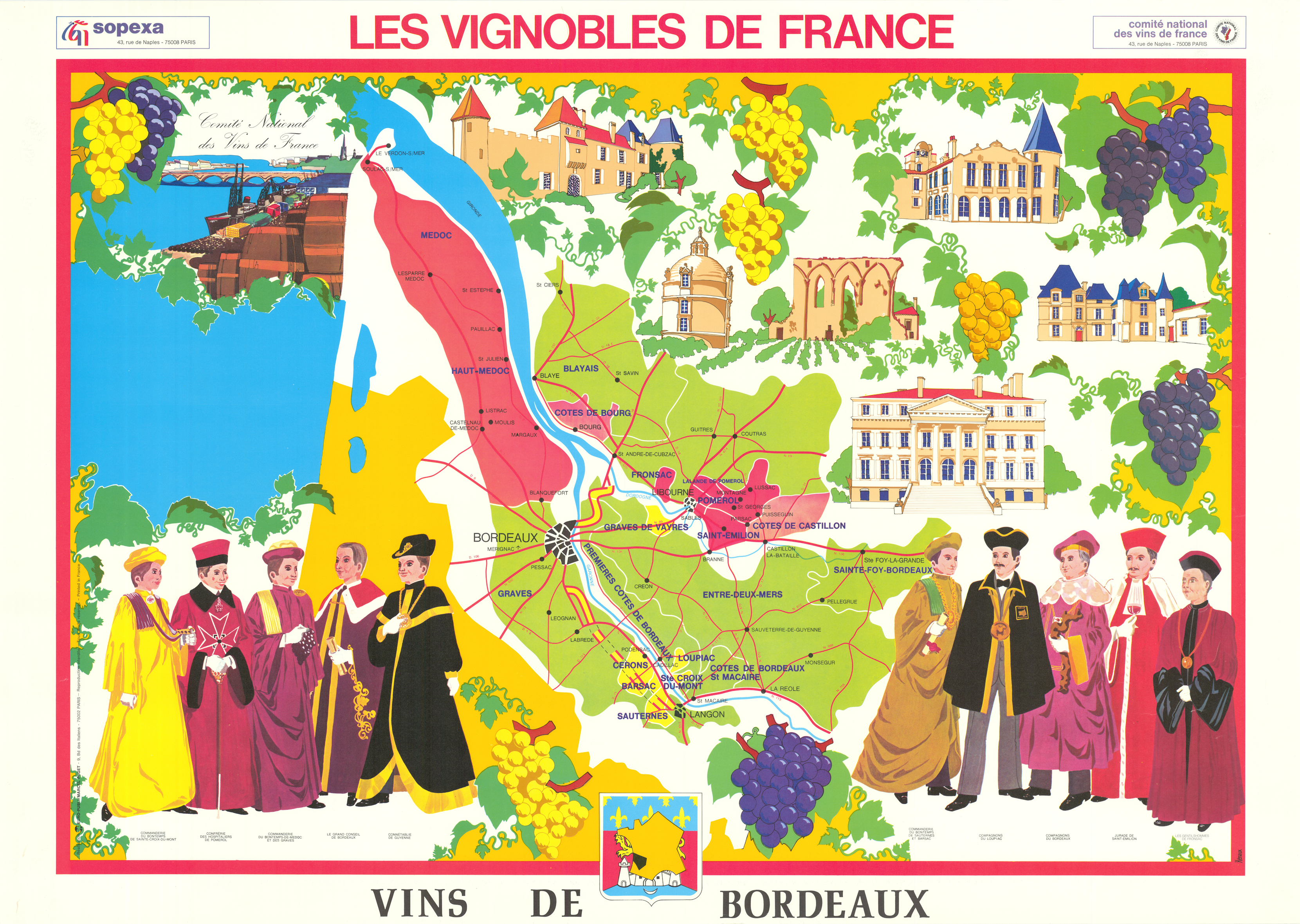 Associate Product BORDEAUX WINE MAP. Vignobles de France. Vins de Bordeaux. SOPEXA/CNVF c1970