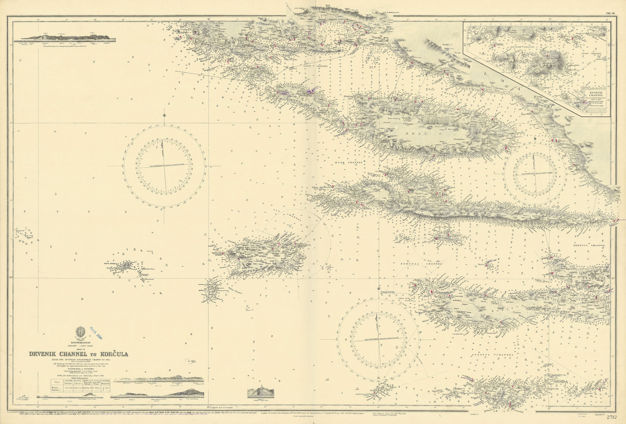 Dalmatia Croatia Vis Hvar Lastovo Korcula ADMIRALTY sea chart 1877 (1955) map