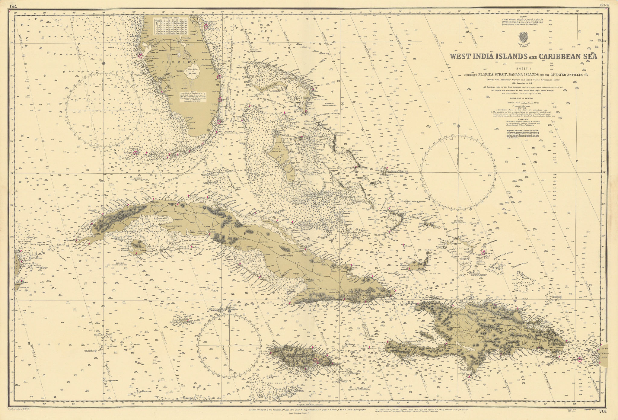 West Indies Caribbean Florida Bahamas Cuba ADMIRALTY chart 1876 (1949 ...