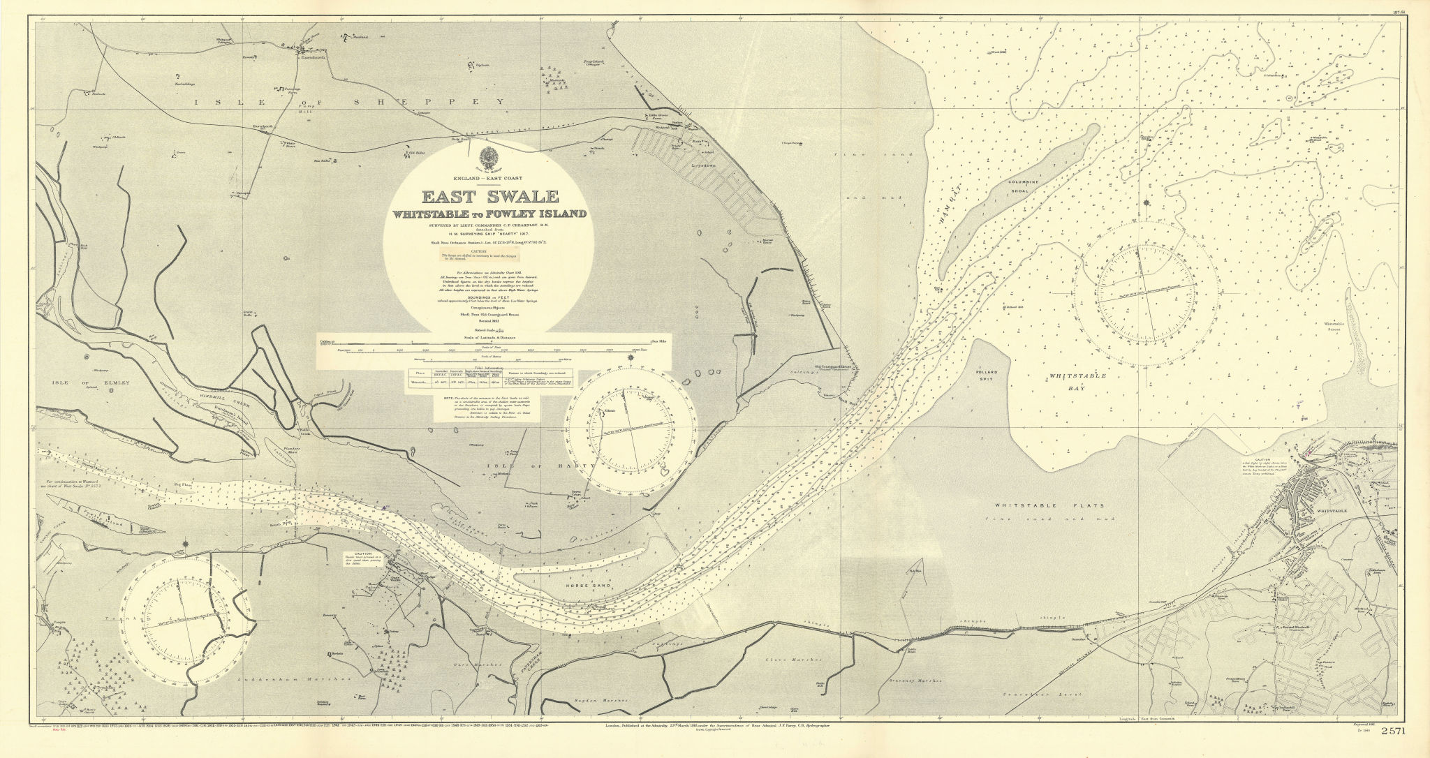 East Swale. Whitstable Isle of Sheppey Kent. ADMIRALTY sea chart 1918