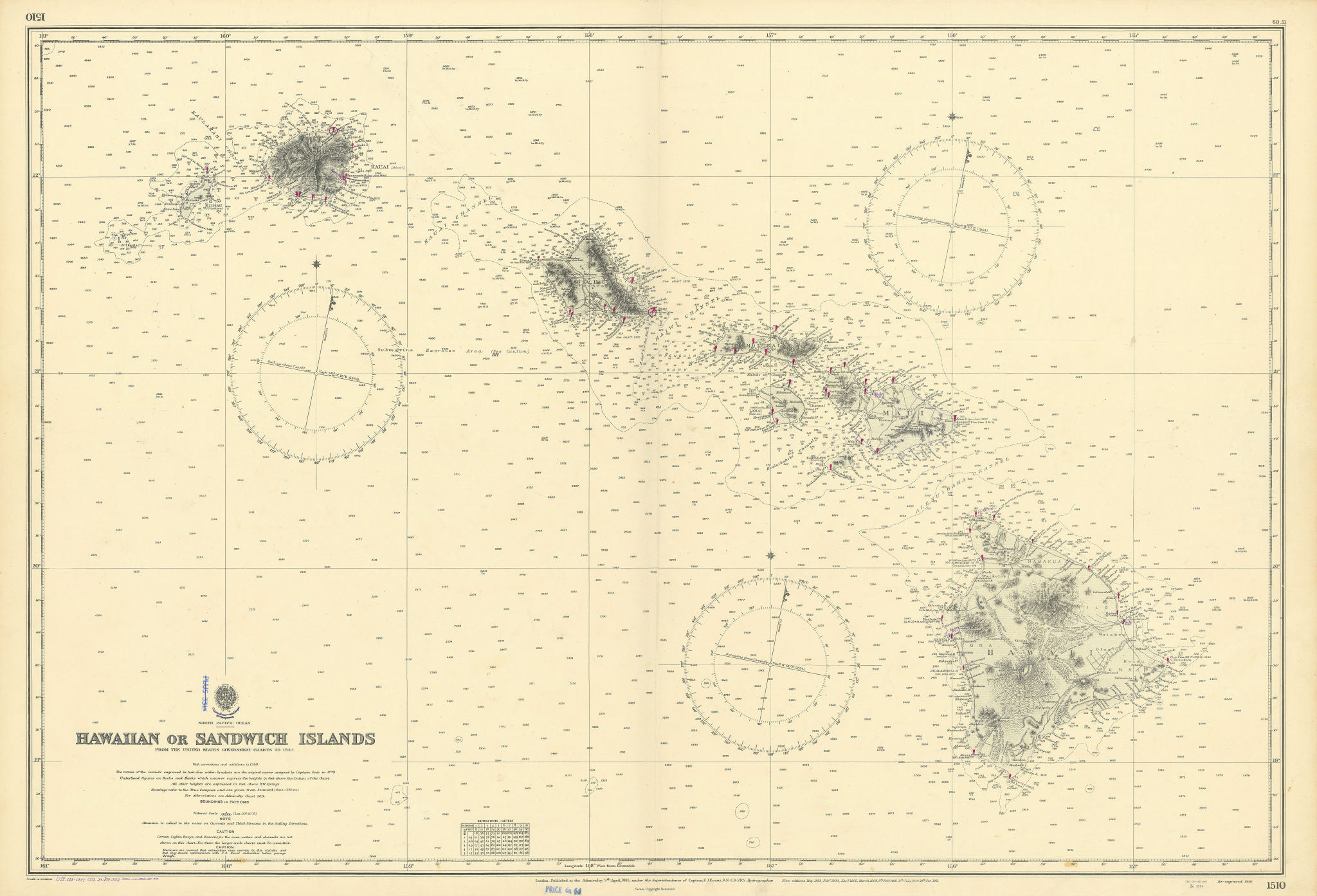 Associate Product Hawaiian or Sandwich Islands North Pacific Ocean ADMIRALTY chart 1881 (1955) map