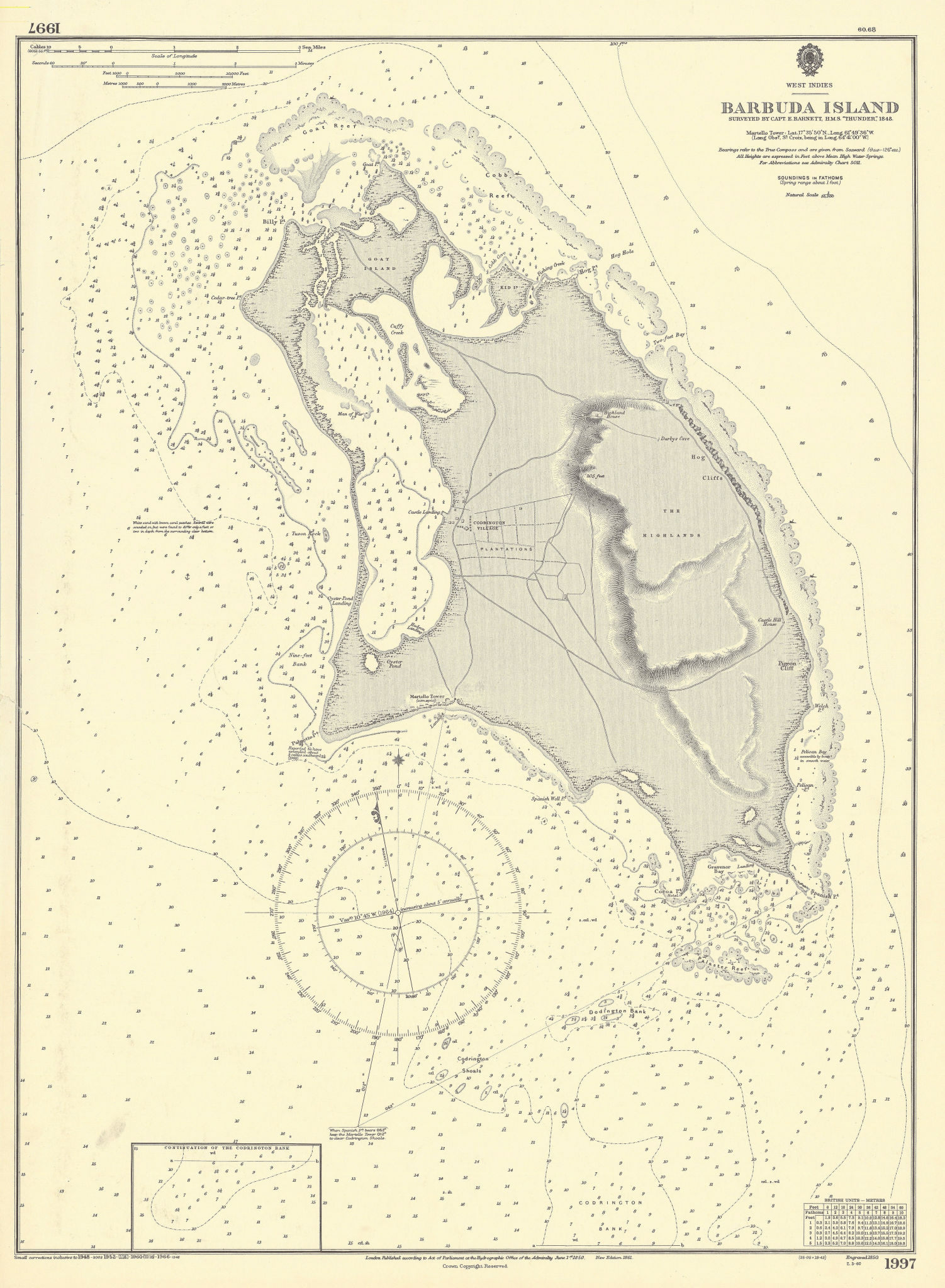 Barbuda Island. West Indies Caribbean. ADMIRALTY sea chart 1850 (1966 ...